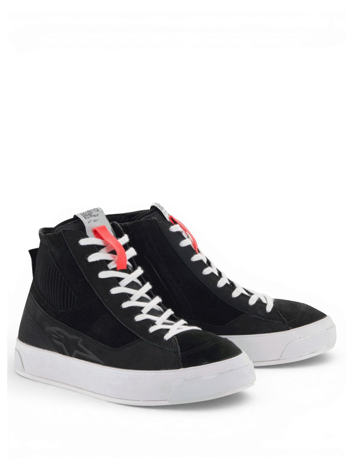 Chaussures Stella Stated Podium Alpinestars, chaussures de moto urbaines pour femme, noires avec semelles blanches, style skate, semelle vulcanisée et lacets blancs