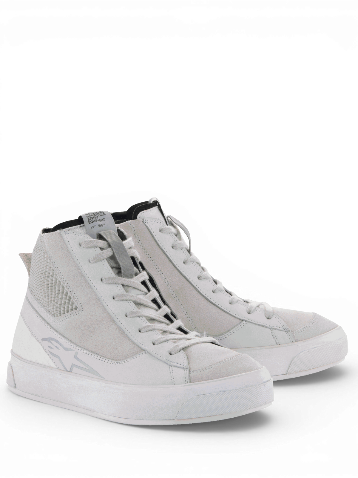 Alpinestars Stella Stated Podium, chaussures de moto pour femme, blanches et gris froid, style urbain, semelle vulcanisée.
