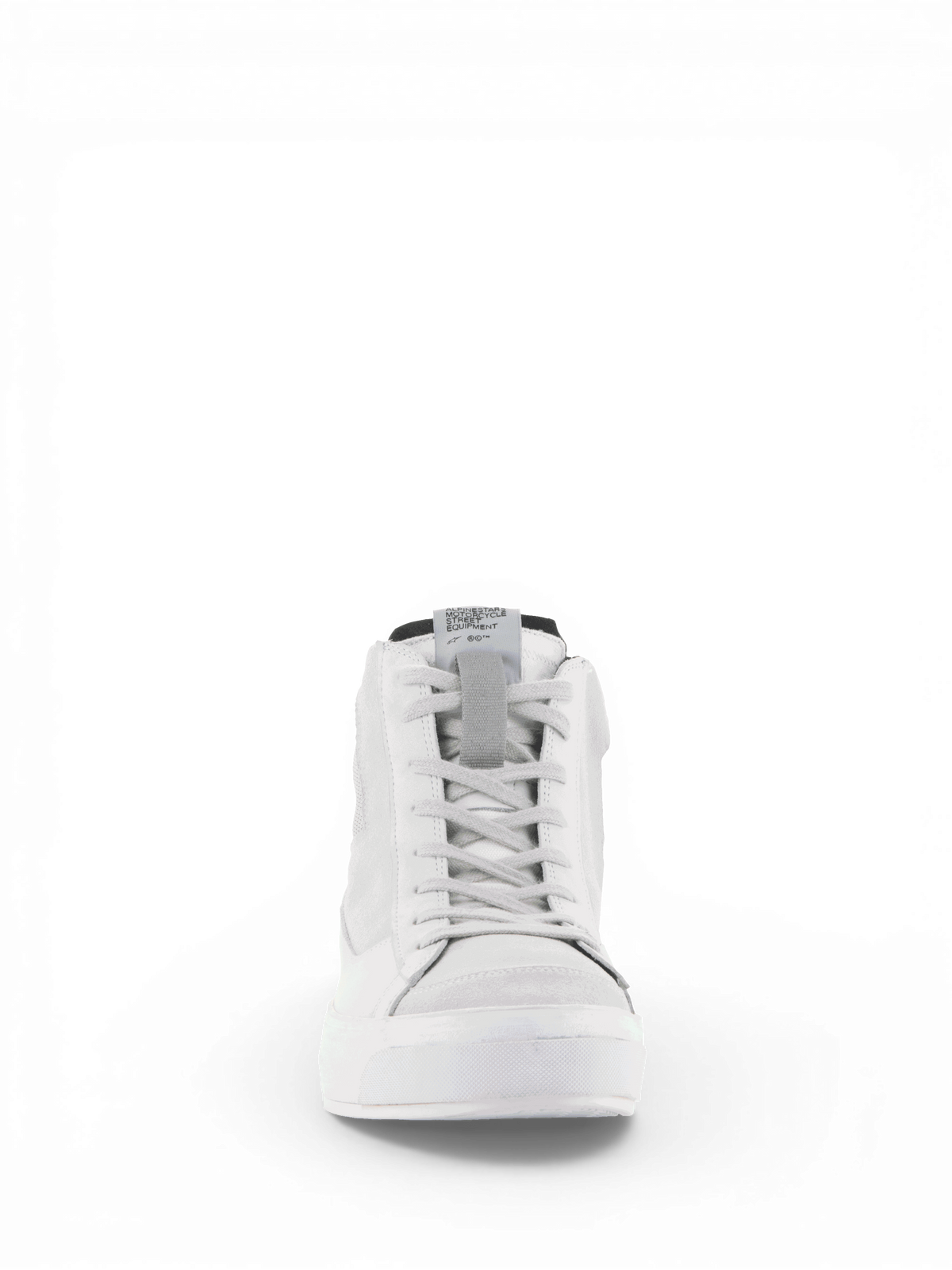 Alpinestars Stella Stated Podium, chaussures de moto pour femme, blanc et gris froid, vue de face, style sneaker en cuir.
