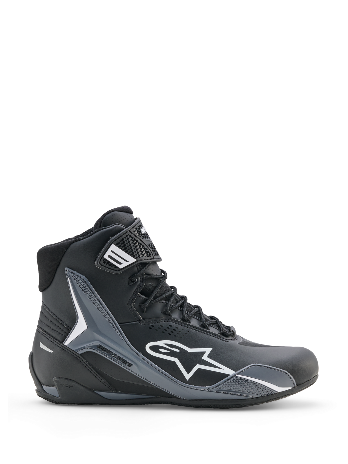 Alpinestars Faster-4 Drystar Shoes, Motorcycle Riding Shoes, Black Cool Gray White, side profile view showing white Astars logo, high-top design with reinforced protective panels, lace-up closure with ankle strap, modern sporty style