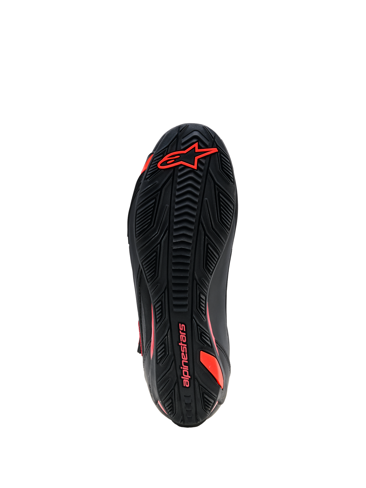 Alpinestars Faster-4 Drystar® Shoes, Outsole View, Black with Red Fluo branding, textured rubber grip sole with Alpinestars logo and wordmark, durable motorcycle riding footwear