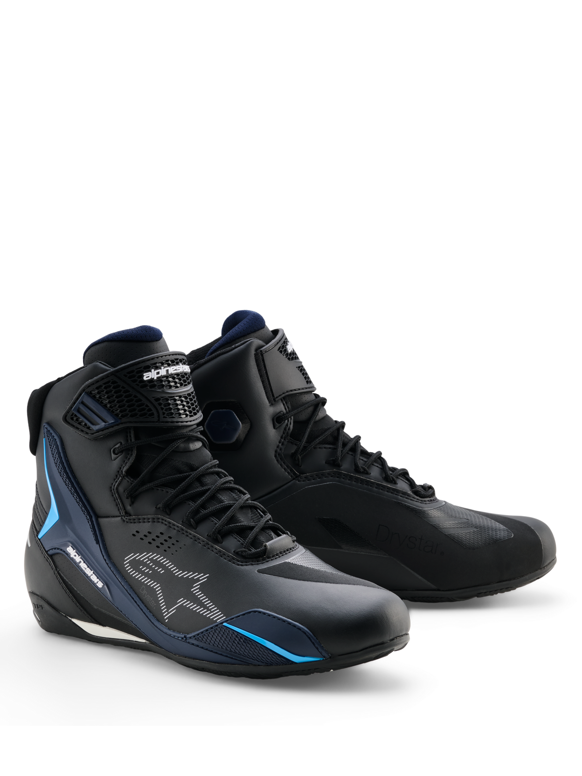 Chaussures Alpinestars Faster-4 Drystar®, chaussures de moto imperméables, Noir Night Navy Cyan, avec logos Alpinestars blancs et accents bleu cyan, design sportif avec fermeture à lacets et bride auto-agrippante