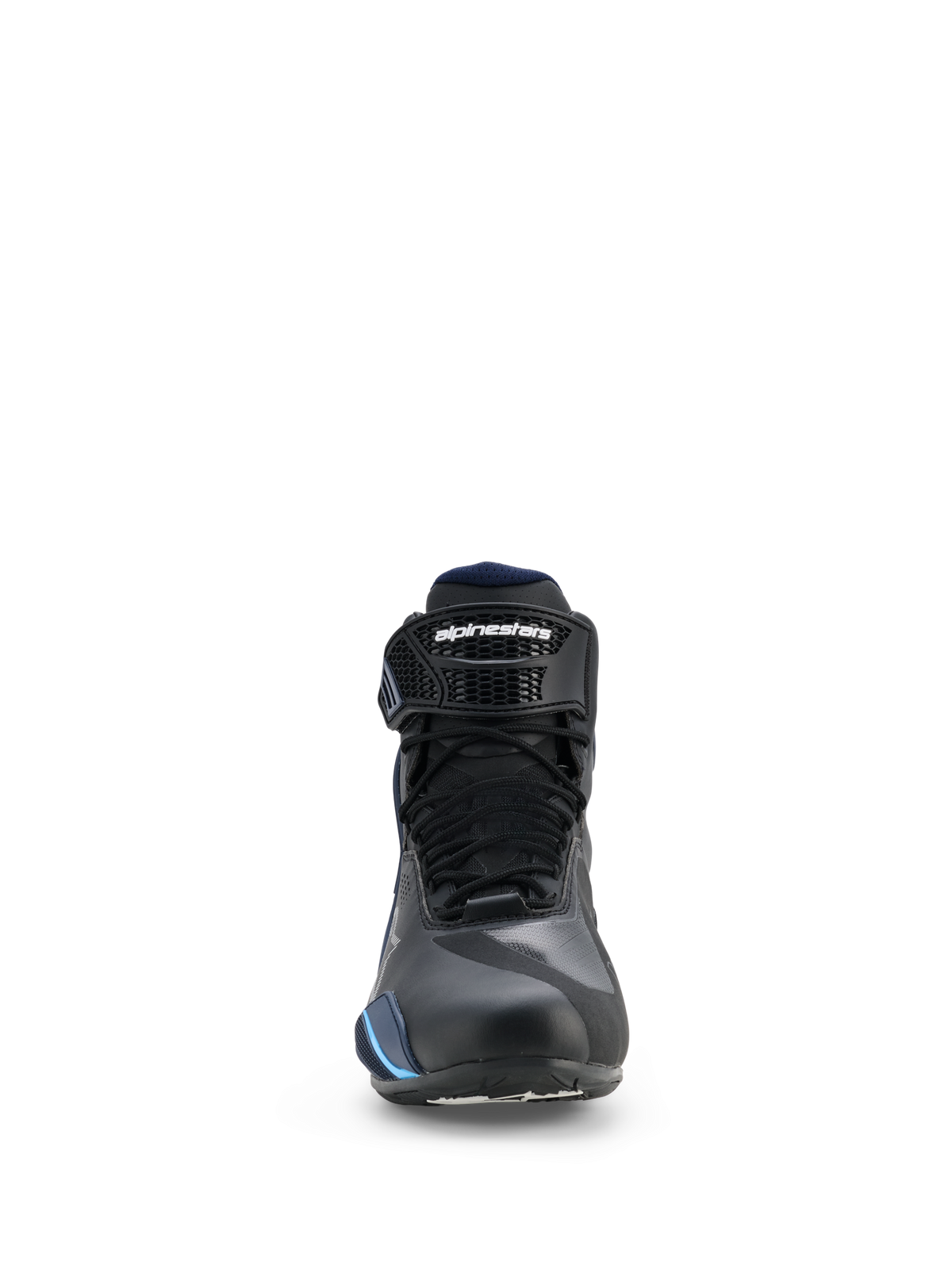 Chaussures Alpinestars Faster-4 Drystar®, chaussures de moto imperméables, Noir Nuit Marine Cyan, vue de face montrant les lacets et la sangle de cheville réglable avec logo Alpinestars, design sportif profilé
