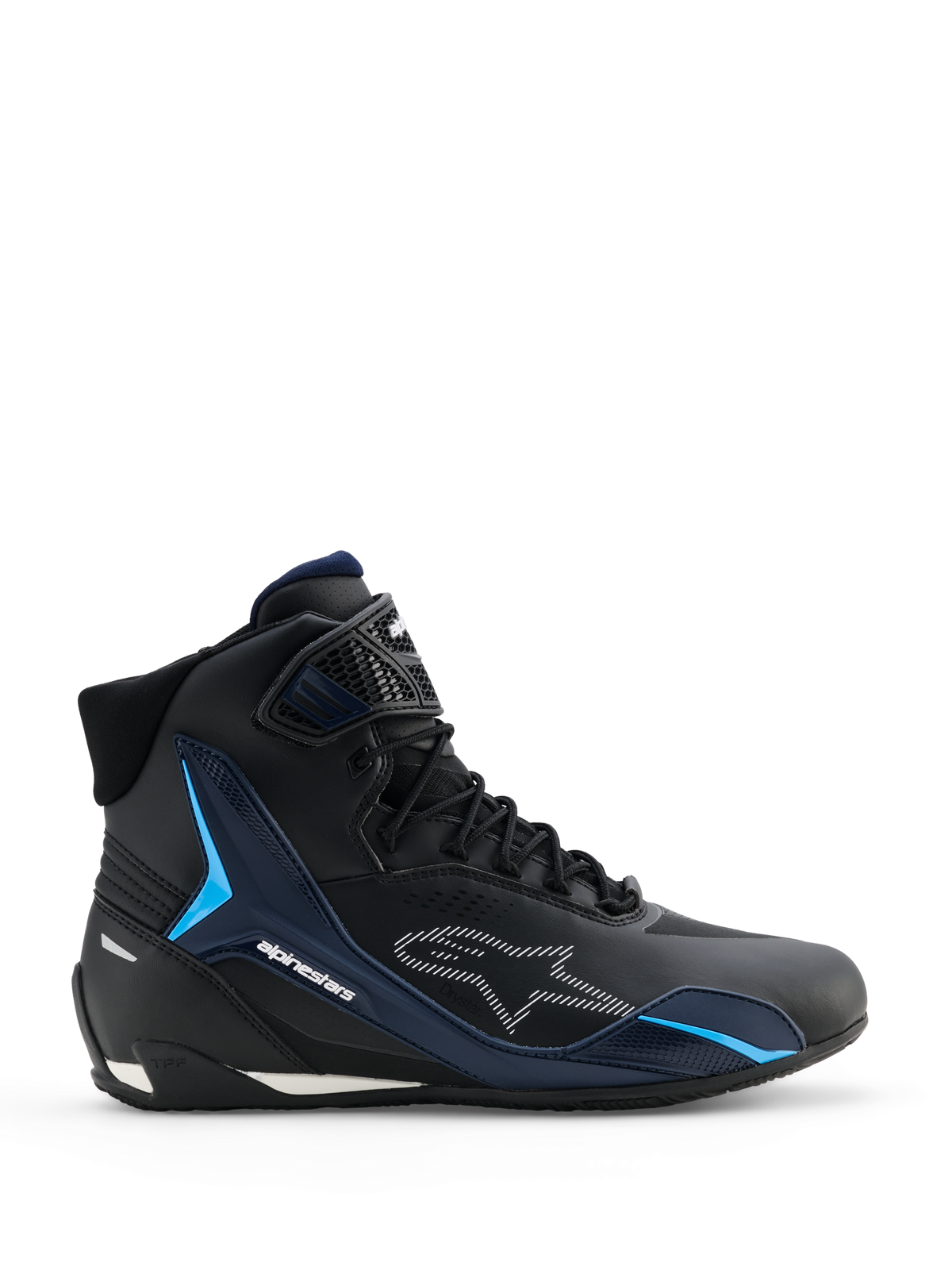 Alpinestars Faster-4 Drystar, chaussures de moto, Black Night Navy Cyan, vue latérale montrant le design de basket montante, panneaux de support en TPU cyan, logo Alpinestars blanc en pointillés, fermeture à lacets avec sangle de cheville texturée