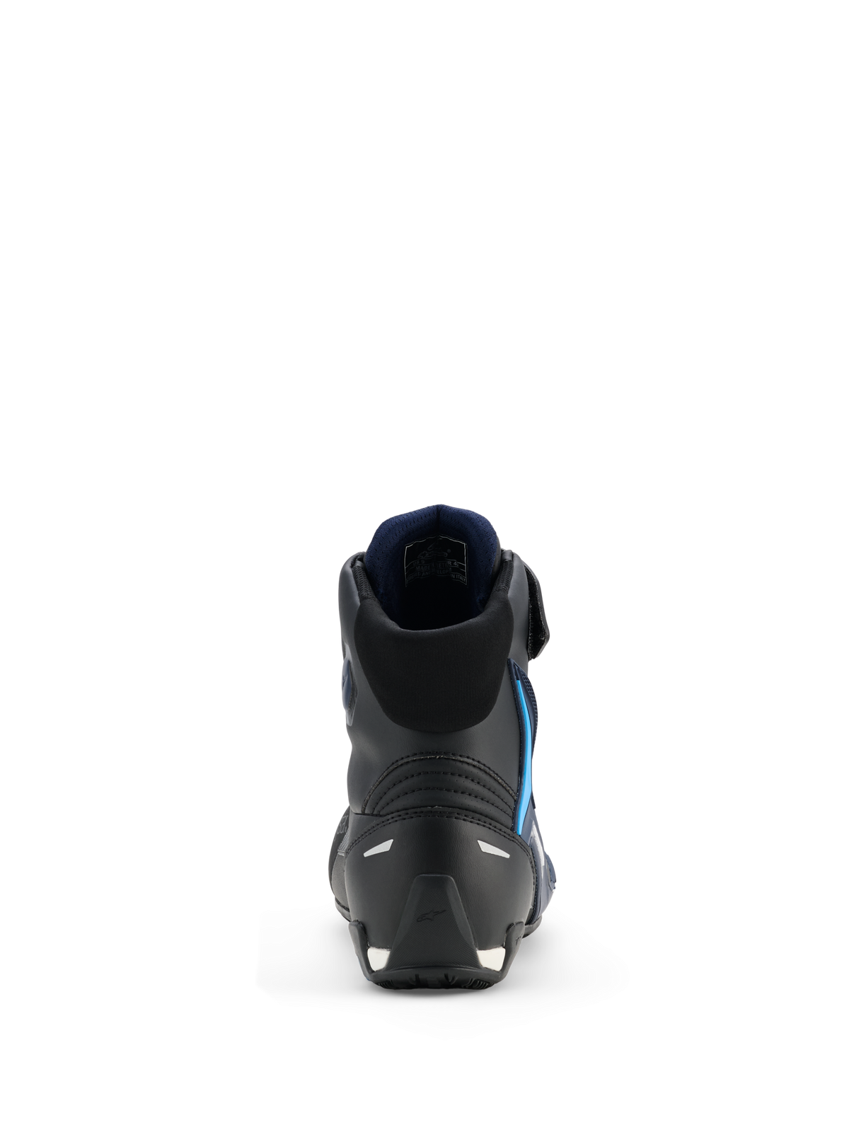 Chaussures Alpinestars Faster-4 Drystar®, chaussures de moto, Noir Night Navy Cyan, vue arrière mettant en évidence la structure renforcée du talon et de la cheville, doublure intérieure bleu marine, détails réfléchissants, design athlétique épuré pour la performance sur route