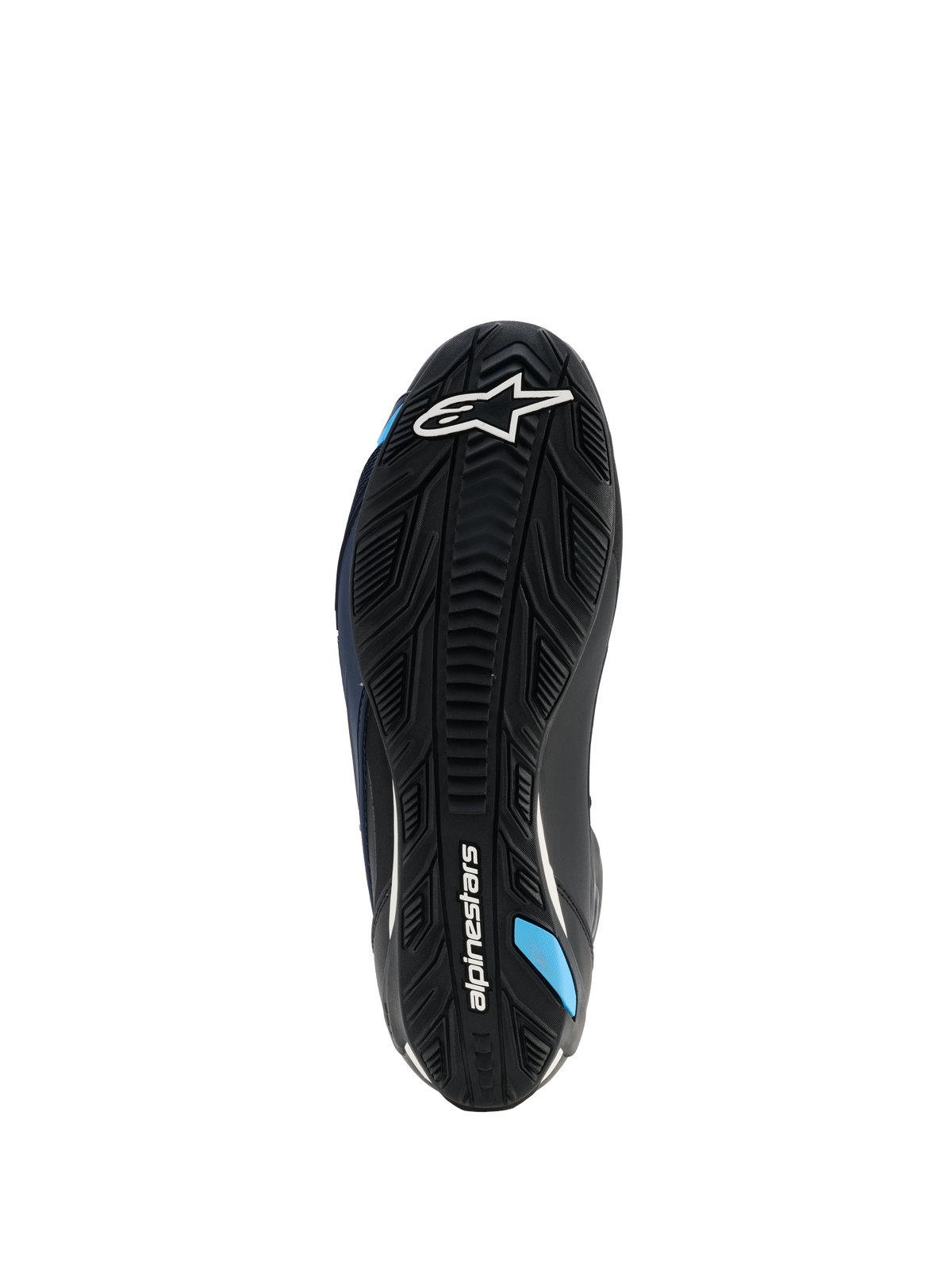 Chaussures Alpinestars Faster-4 Drystar®, vue de la semelle, Noir Night Navy Cyan, avec semelle extérieure en caoutchouc renforcé, adhérence texturée, logo Alpinestars blanc et accents bleu cyan, conçues pour la stabilité lors de la conduite de moto