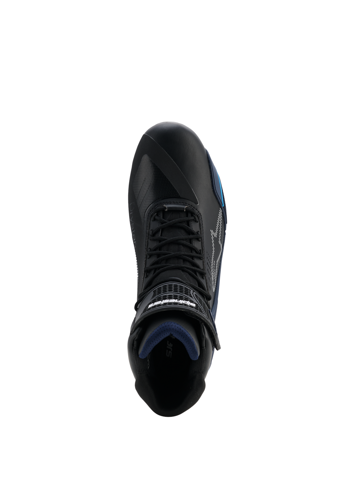 Chaussures Alpinestars Faster-4 Drystar®, vue de dessus d'une chaussure de moto noire avec accents Noir, Bleu Nuit et Cyan, fermeture à lacets avec sangle à crochet et boucle, construction en microfibre imperméable, chaussures de sport pour la conduite sur route