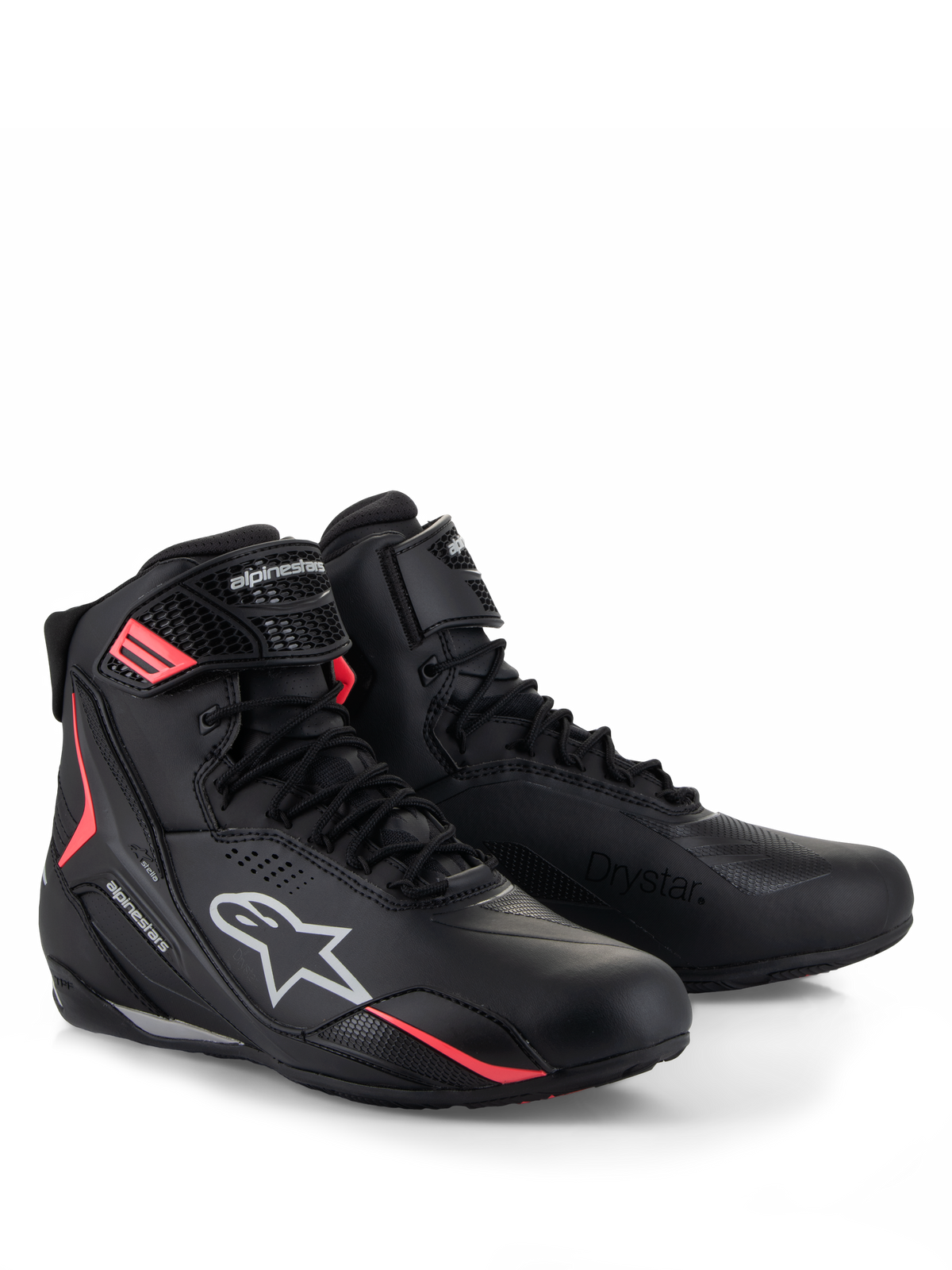 Chaussures Alpinestars Stella Faster-4 Drystar®, chaussures de moto pour femme, noir, gris et corail fluo, technologie imperméable Drystar®, fermeture à lacets et sangle auto-agrippante, accents corail vif et logos Alpinestars blancs