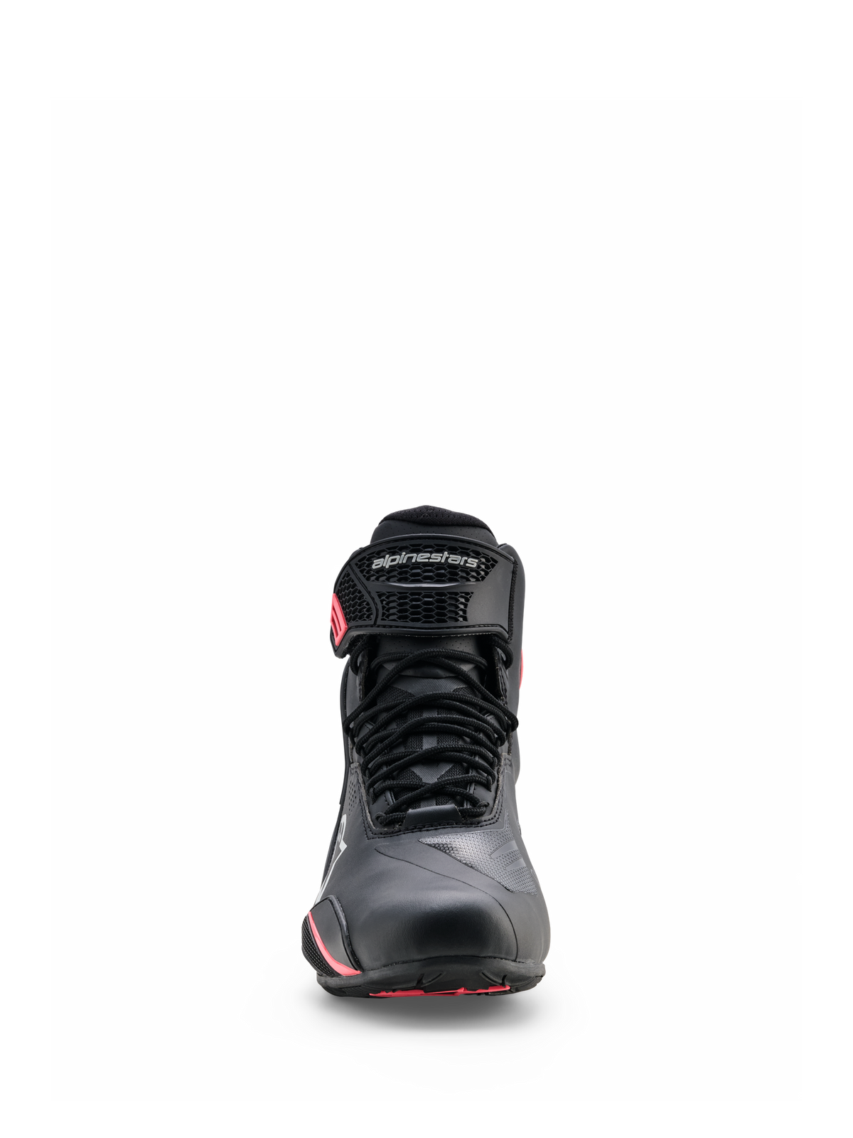 Chaussures Alpinestars Stella Faster-4 Drystar®, chaussures de moto pour femme, noir, gris et corail fluo, vue de face avec fermeture à lacets, sangle de cheville protectrice avec logo et accents corail