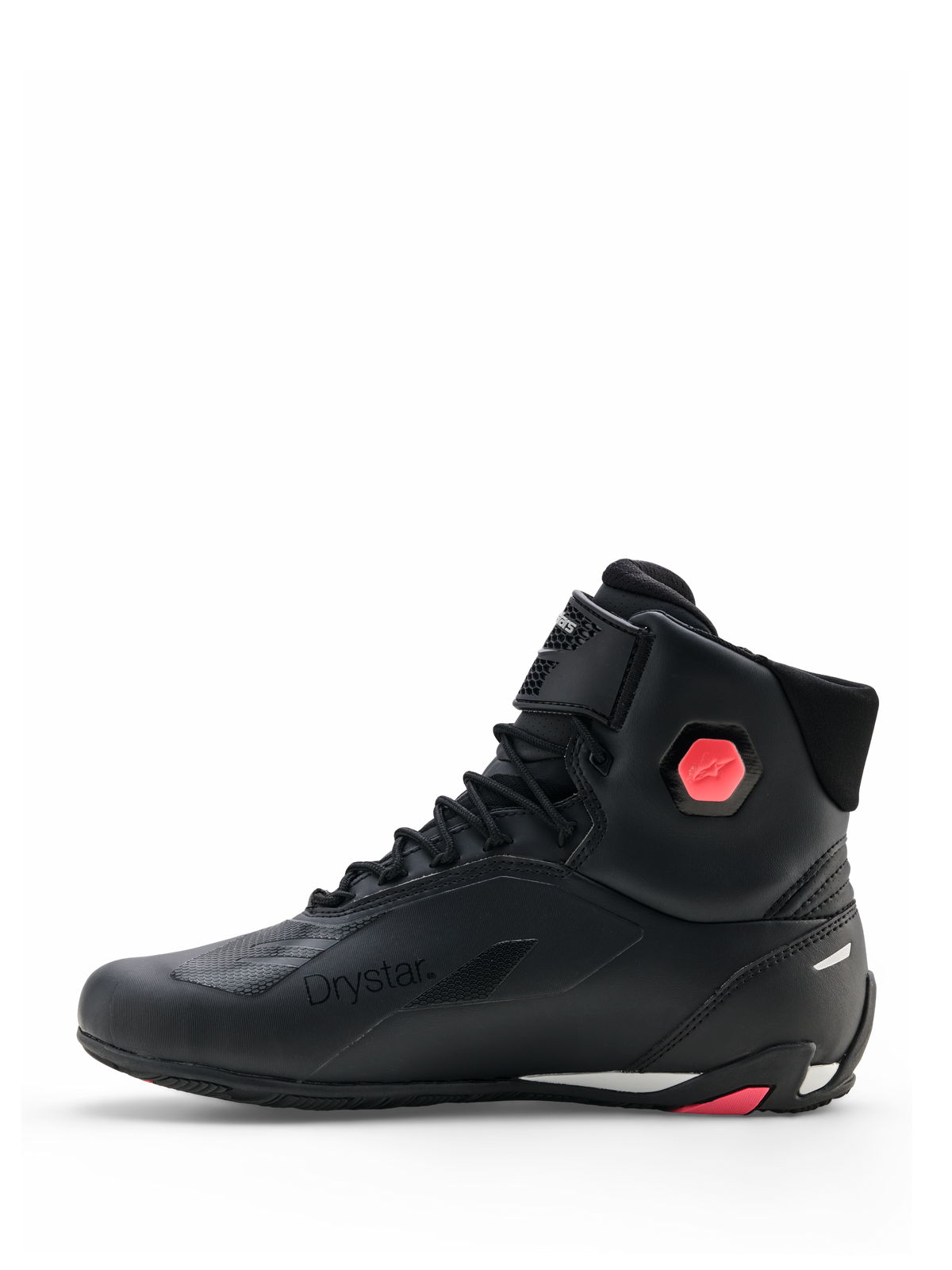 Chaussures Alpinestars Stella Faster-4 Drystar®, chaussures de moto pour femme, noir et corail fluo, vue de profil montrant la tige en microfibre sans couture, la fermeture à lacets et le détail de protection corail à la cheville