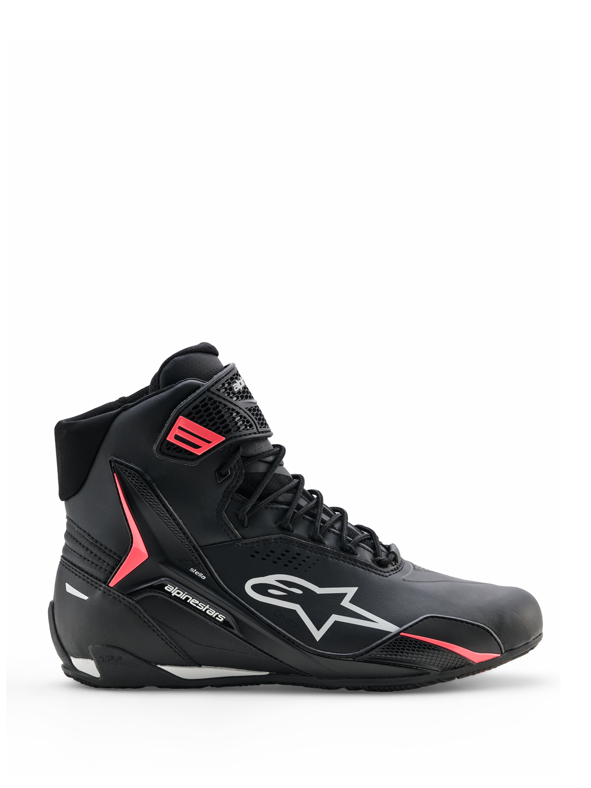 Alpinestars Stella Faster-4 Drystar®, chaussures de moto pour femme, noires avec des accents gris et corail fluo, design montant avec logo latéral et sangle auto-agrippante, microfibre imperméable pour la conduite sportive