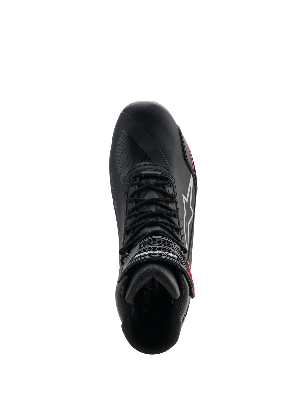 Chaussures femme Alpinestars Stella Faster-4 Drystar®, chaussures de moto, noir, gris et corail fluo, vue de dessus montrant le système de laçage et la sangle de cheville à crochet et boucle, design épuré en microfibre avec technologie Drystar® imperméable