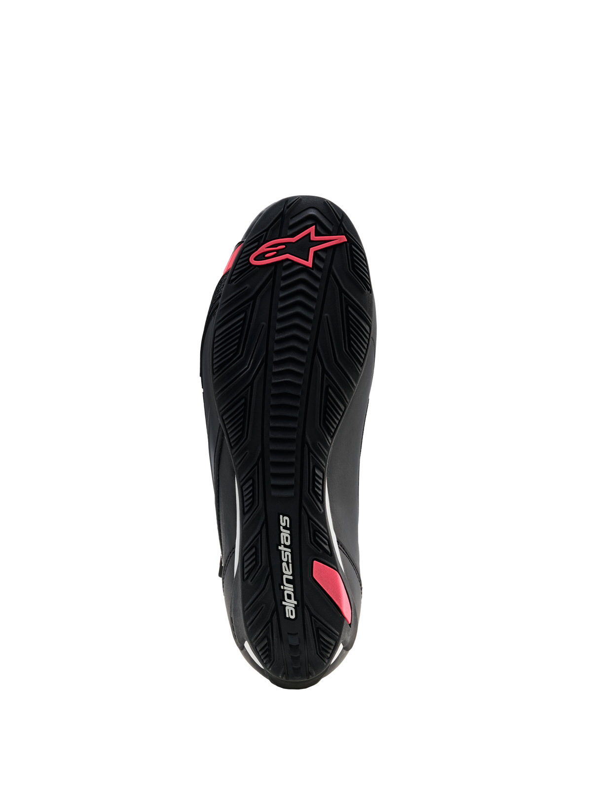Chaussures Alpinestars Stella Faster-4 Drystar®, chaussures de moto pour femme, noir et corail fluo, vue de dessous de la semelle en caoutchouc texturé présentant un motif d'adhérence, le logo Astars et le marquage Alpinestars.