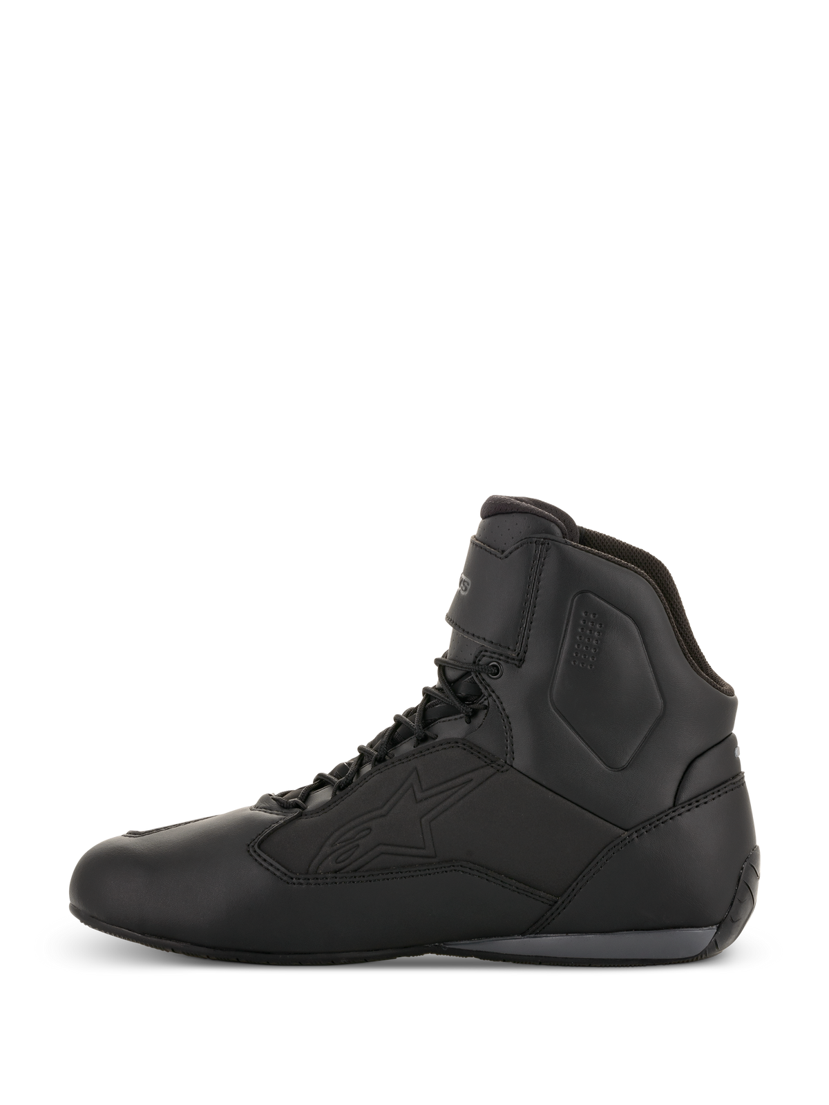 Alpinestars Faster-3 Drystar® Riding Shoes, Motorcycle Riding Shoes, Black Cool Gray, side profile view, high-top design with laces, waterproof microfiber construction, technical gear for road riding