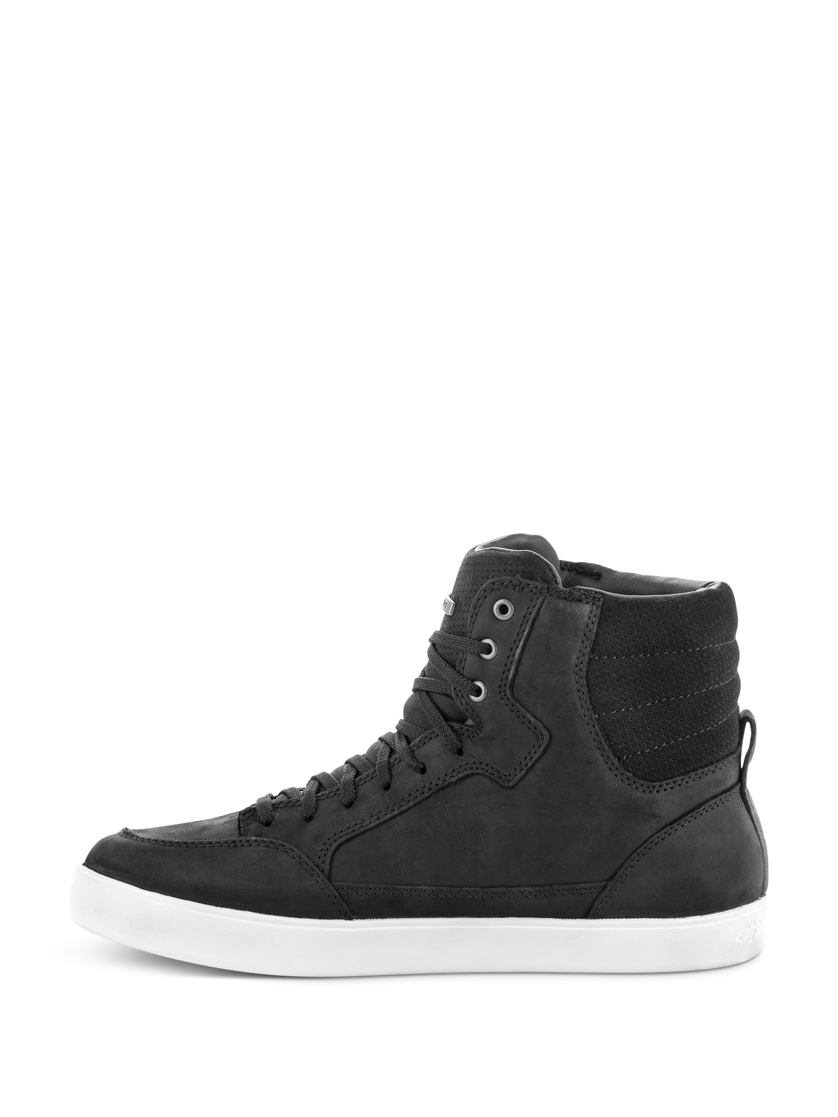 Chaussure imperméable Alpinestars J-6, noir et blanc, vue de profil d'une basket de moto montante, construction en cuir noir avec semelle en caoutchouc blanc, chaussure de moto urbaine avec un design à lacets