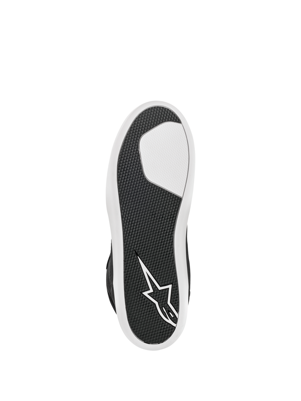 Alpinestars J-6 Waterproof Shoe, noir et blanc, vue de dessous montrant la semelle en caoutchouc avancée, motif d'adhérence texturé pour la durabilité, logo étoile blanc sur le talon, chaussure de moto urbaine