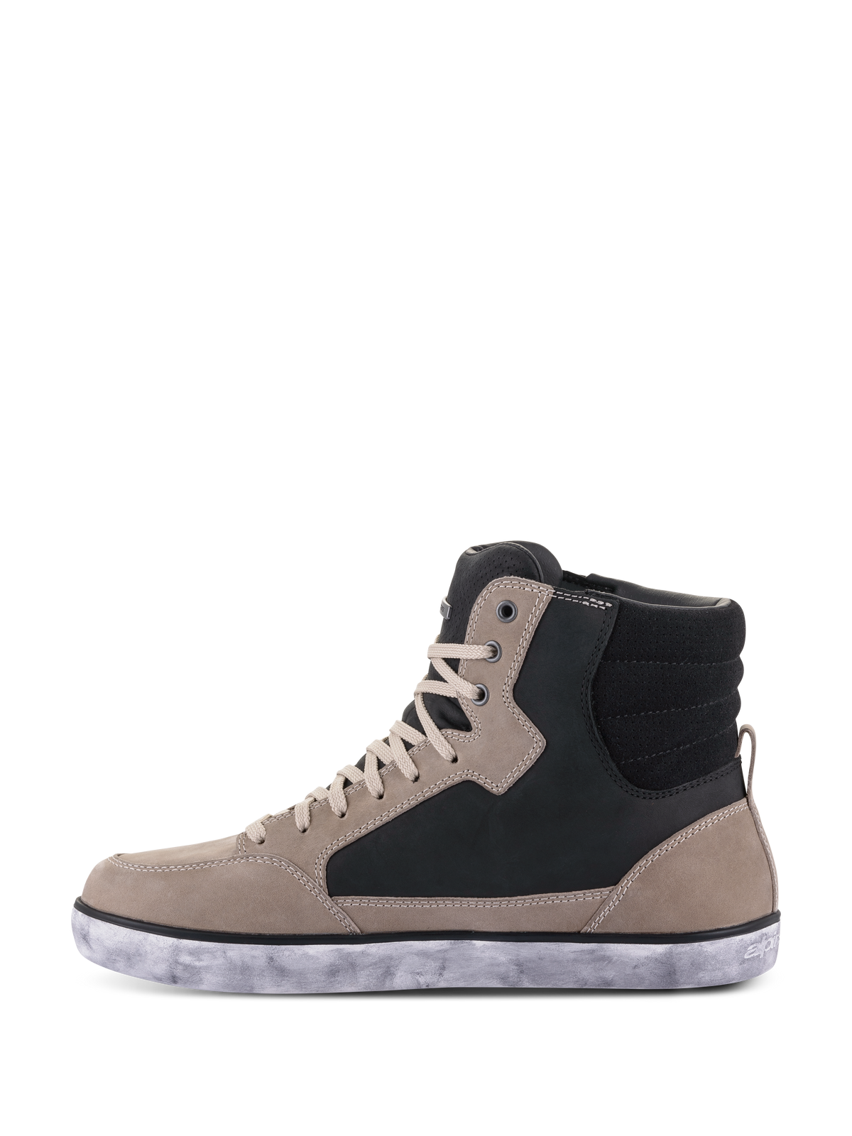 Chaussure imperméable Alpinestars J-6, chaussure de moto, Noir Flint Blanc, style basket montante avec empiècements en cuir gris silex et noir, lacets crème et semelle en caoutchouc blanc moucheté, design urbain décontracté pour la moto