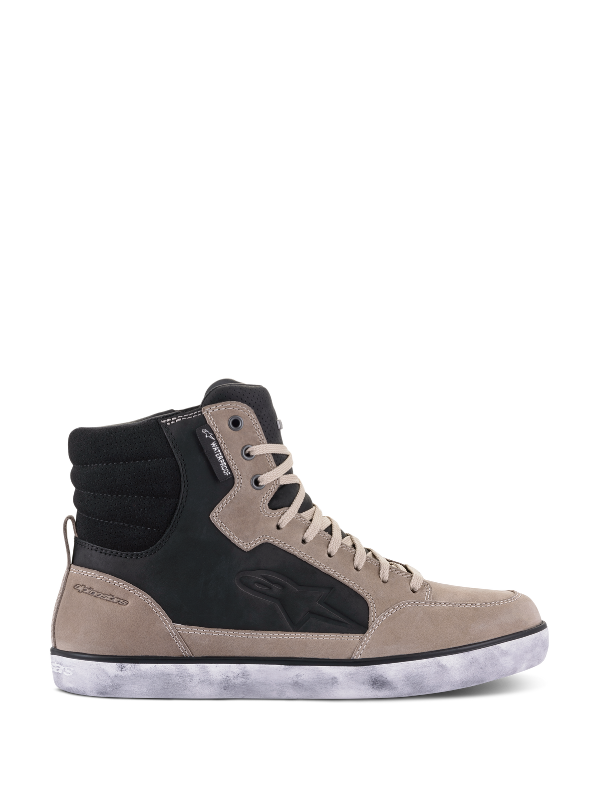 Chaussure Alpinestars J-6 Waterproof, chaussure de moto, Noir Flint Blanc, design montant style basket en cuir avec semelle en caoutchouc blanc vieilli, dotée du logo Astar latéral et d'une étiquette waterproof