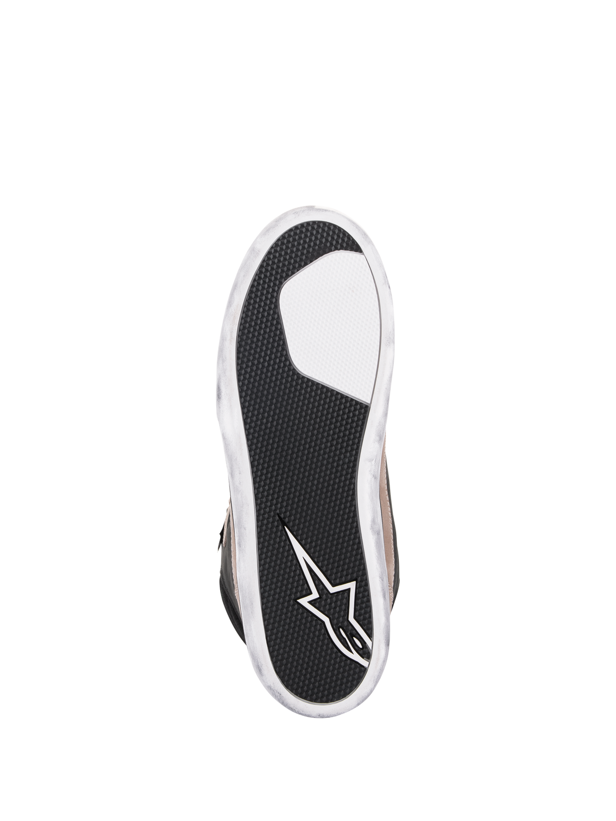 Chaussure Alpinestars J-6 Waterproof, chaussure de moto, Noir Flint Blanc, vue de dessous de la semelle extérieure dotée de caoutchouc noir texturé pour l'adhérence, logo étoile Alpinestars blanc sur le talon et bords blancs à l'aspect usé