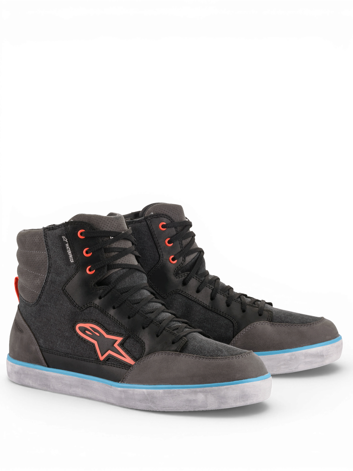Alpinestars J-6 Waterproof Canvas, chaussures de moto urbaines pour homme, cuir gris et noir avec accents bleus et orange.