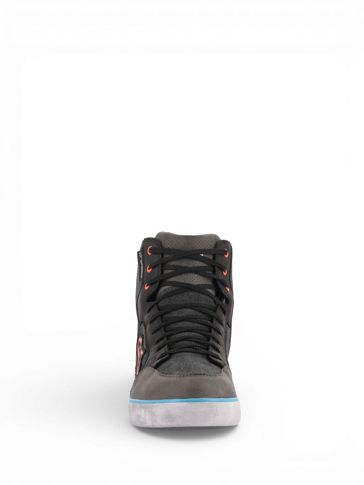 Alpinestars Chaussures J-6 Imperméables Canvas, chaussures de moto grises et noires, accents bleu clair, vue de face.