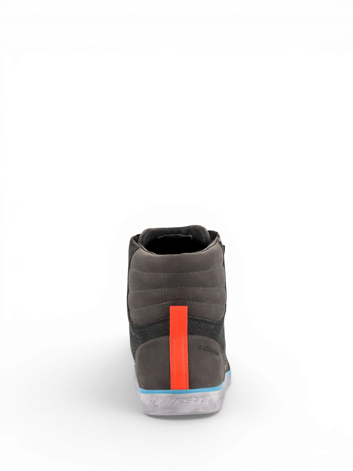 Alpinestars J-6 Waterproof Canvas, chaussures de moto pour homme, gris et anthracite avec bande orange et détails bleus, imperméables, en cuir et toile, vue de dos.