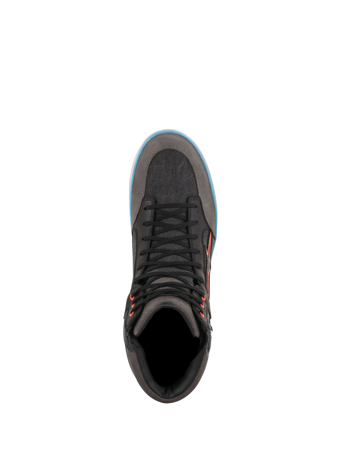 Alpinestars J-6 Waterproof Canvas, chaussures de moto urbaines grises et noires, liseré bleu clair, vue de dessus.