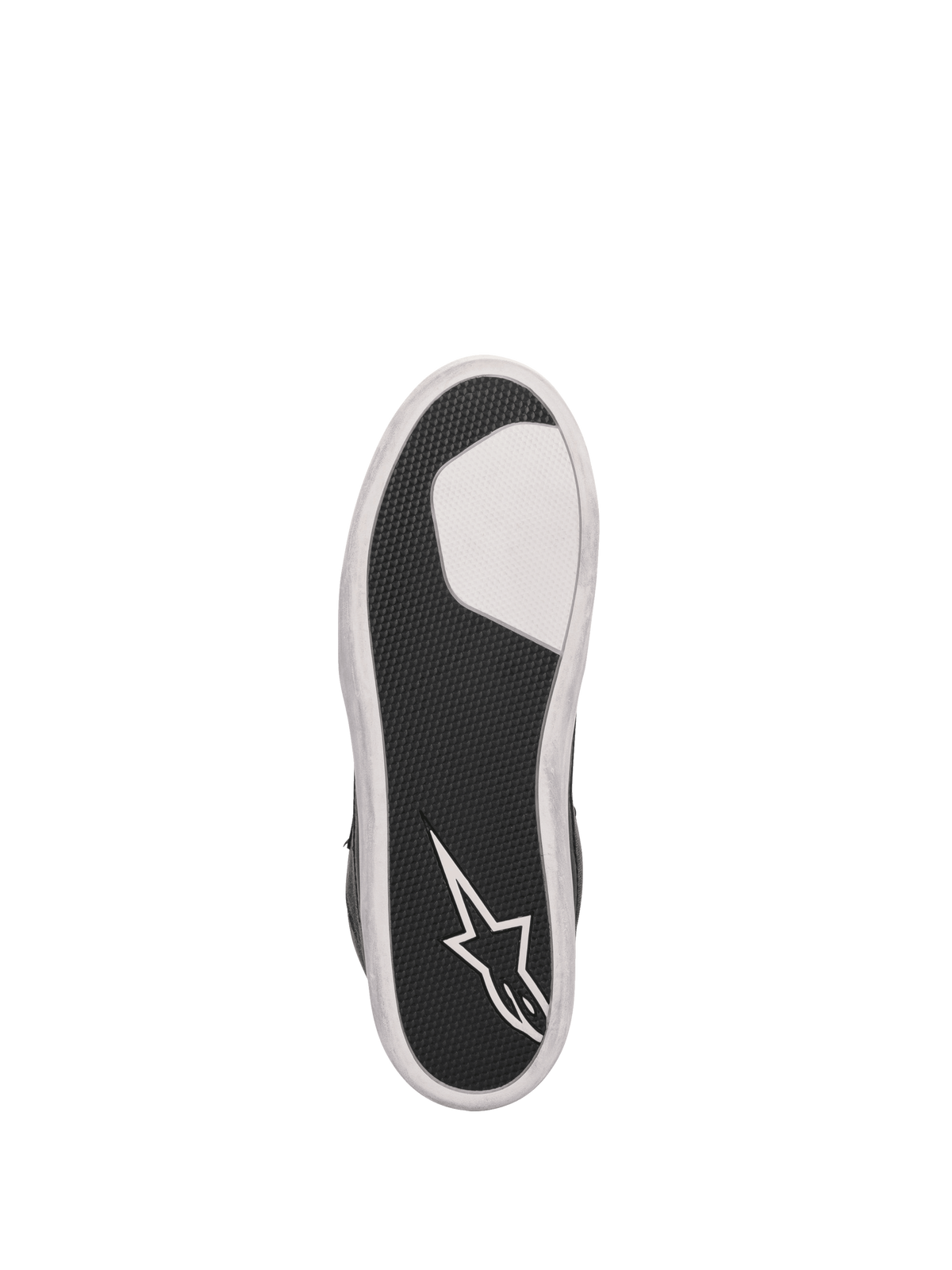 Semelle des chaussures de moto Alpinestars J-6 Imperméables, caoutchouc vulcanisé noir et blanc avec logo Astars.