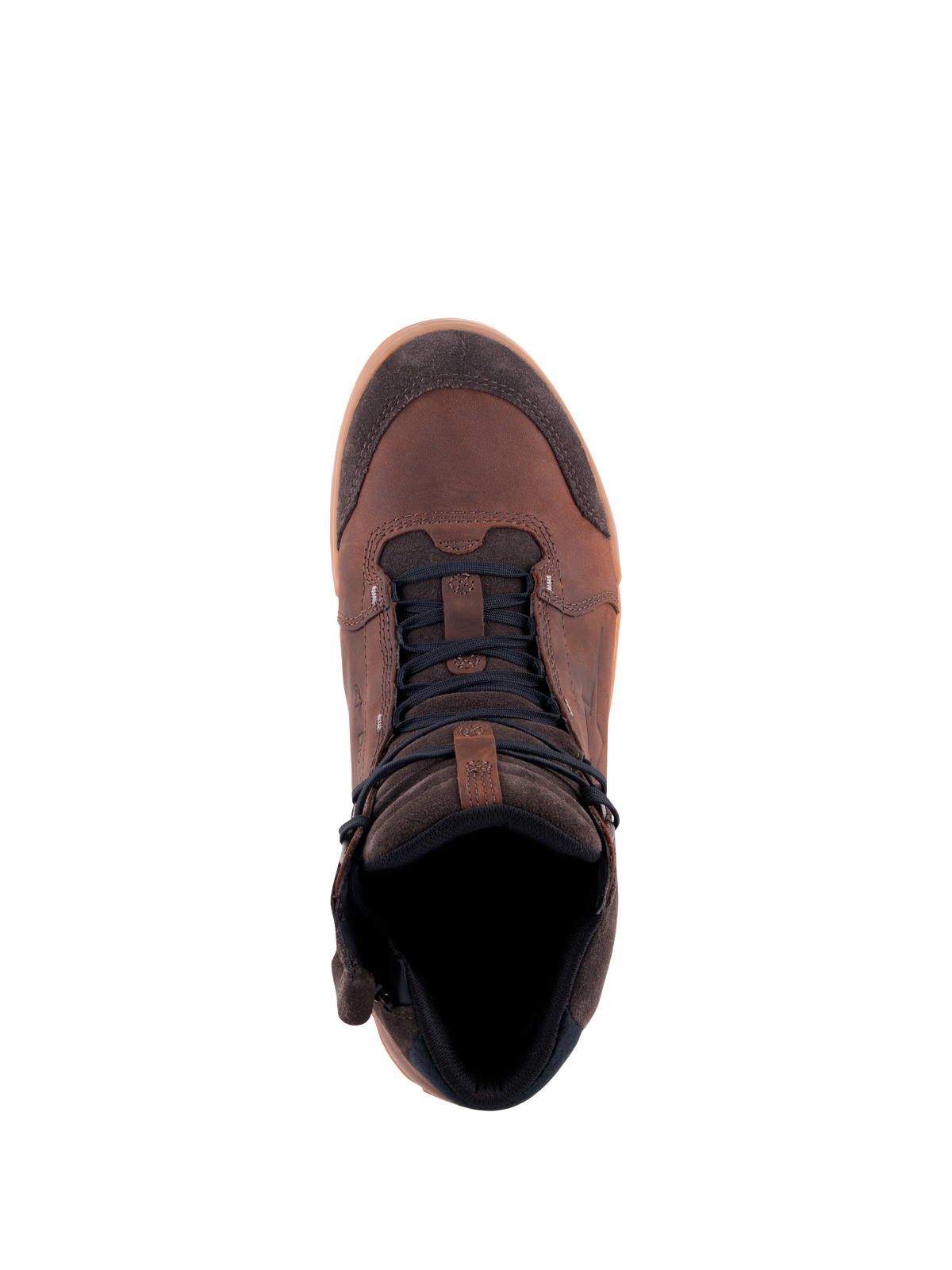 Chaussures Alpinestars Chrome Crafted Drystar®, chaussures de moto urbaines, Marron et Gomme, vue de dessus, tige en cuir et daim avec lacets foncés et semelle en gomme, chaussures de moto imperméables décontractées