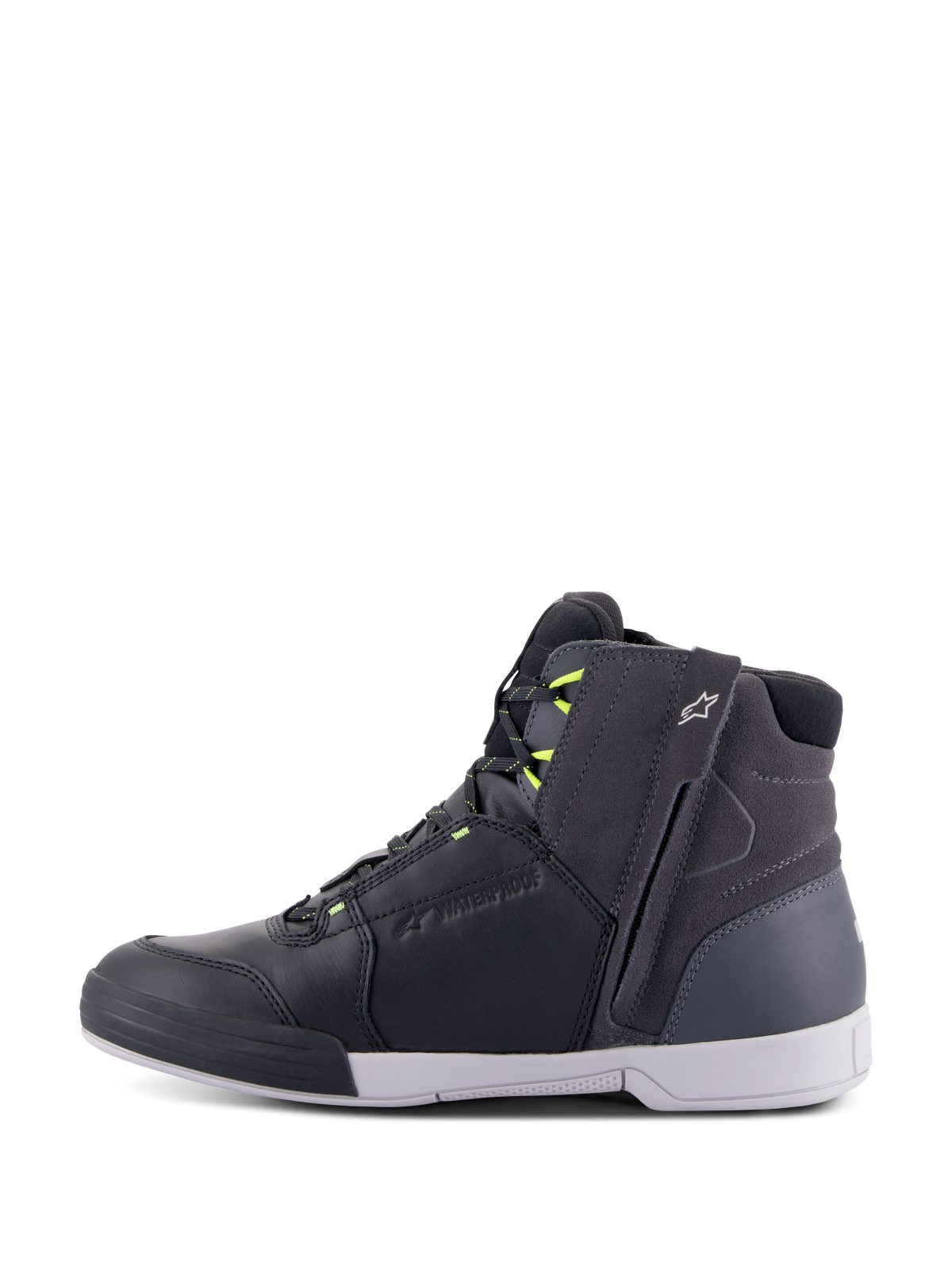 Alpinestars Chrome Drystar® Shoes, Motorcycle Riding Shoes, Black Dark Gray and Yellow Fluo, side profile showing casual high-top urban design, side zipper, white sole, and waterproof leather and suede construction with fluorescent yellow accents.