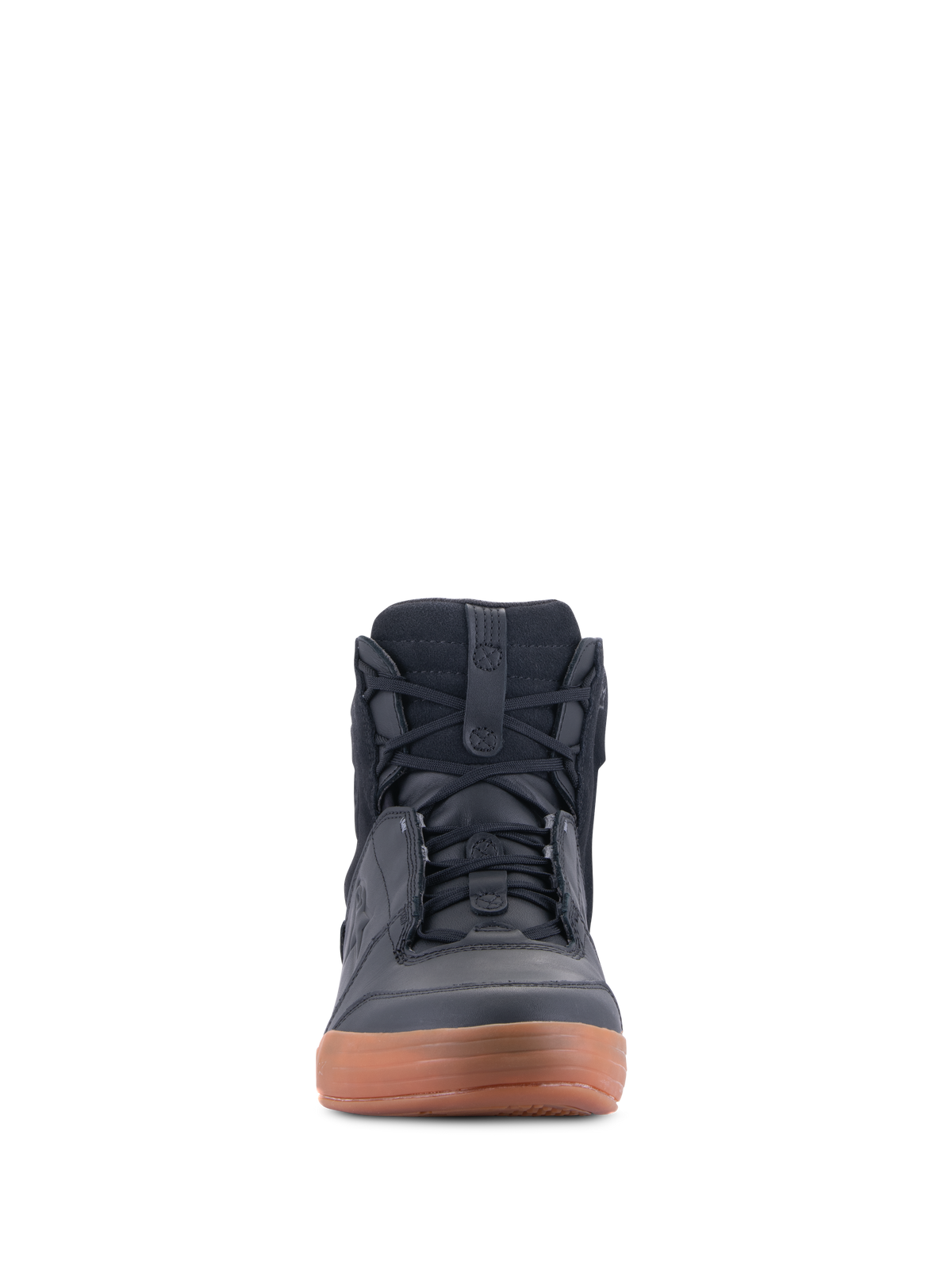 Alpinestars Chrome Drystar® Shoes, Black and Gum, front view of urban motorcycle riding shoe, casual sneaker-style high-top with laces, leather and suede construction with a brown gum sole