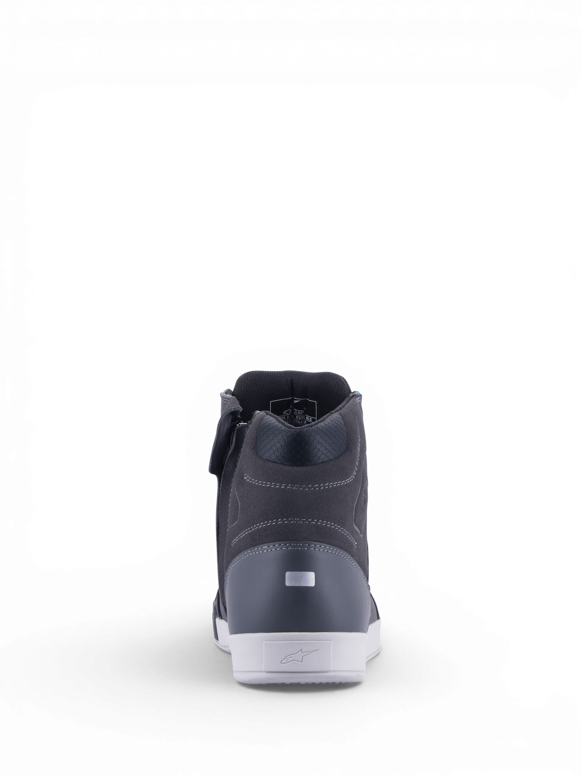 Alpinestars chaussures Chrome Drystar® pour femme, chaussures de moto urbaines imperméables, noires et asphalte avec talon réfléchissant, vue de dos.