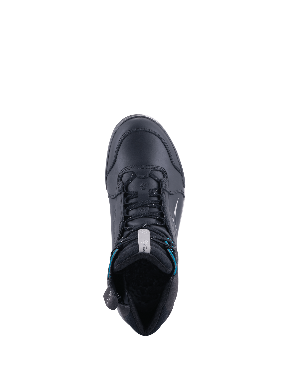 Alpinestars chaussures Drystar® Chrome, chaussures de moto pour femme, noires et turquoise, imperméables, vue de dessus.