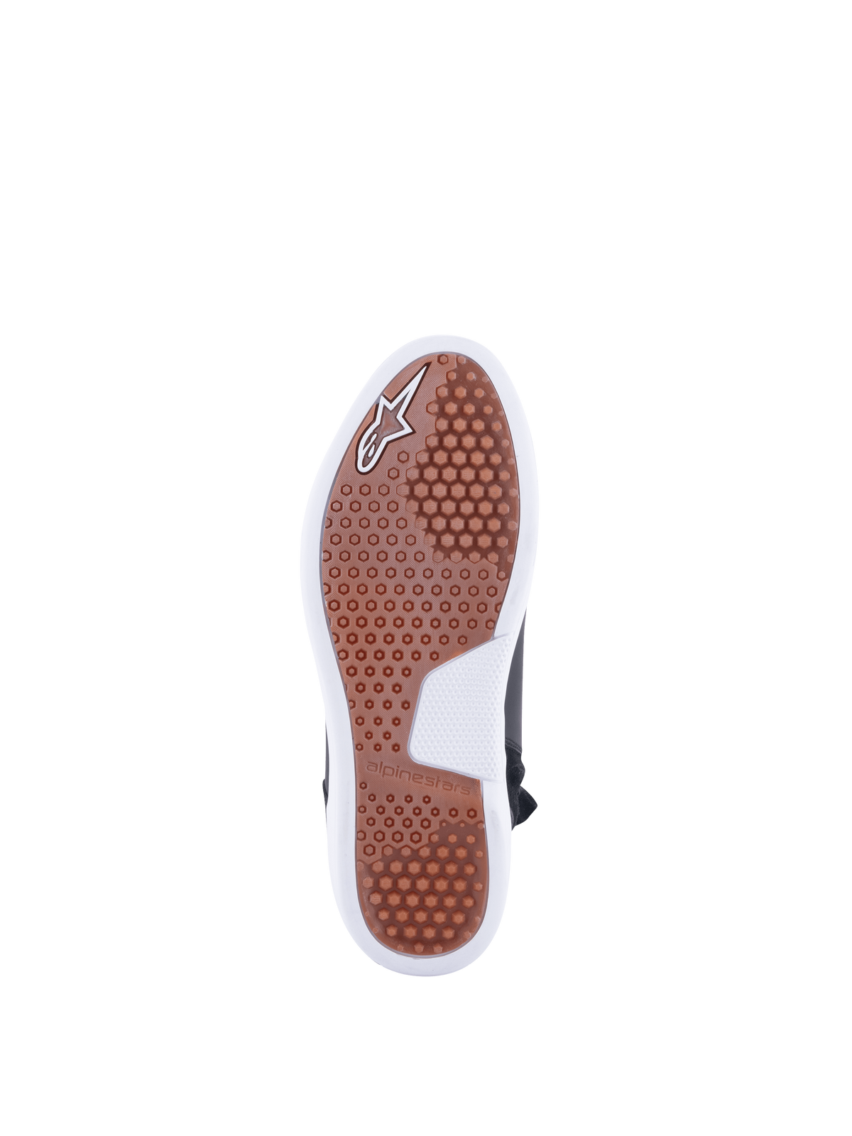 Alpinestars Chrome Drystar, chaussures de moto urbaines pour femme, semelle en caoutchouc marron à motif hexagonal en nid d'abeille, logo Alpinestars blanc, vue de dessous.