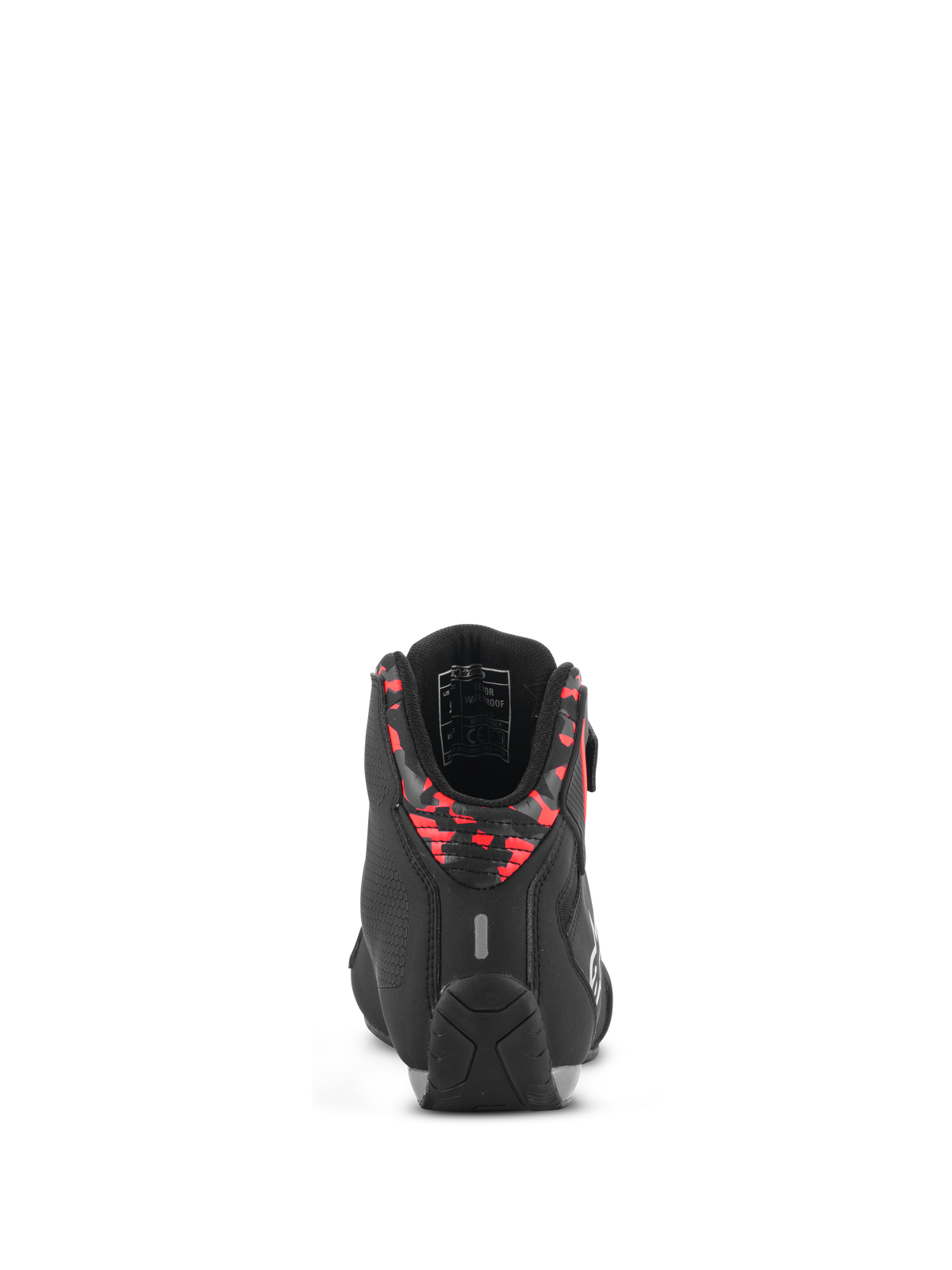 Chaussures imperméables Alpinestars Sektor, chaussures de moto, noir, gris foncé et rouge fluo, vue arrière montrant le col à motifs au talon, la bande réfléchissante et la semelle en caoutchouc durable, construction en microfibre légère