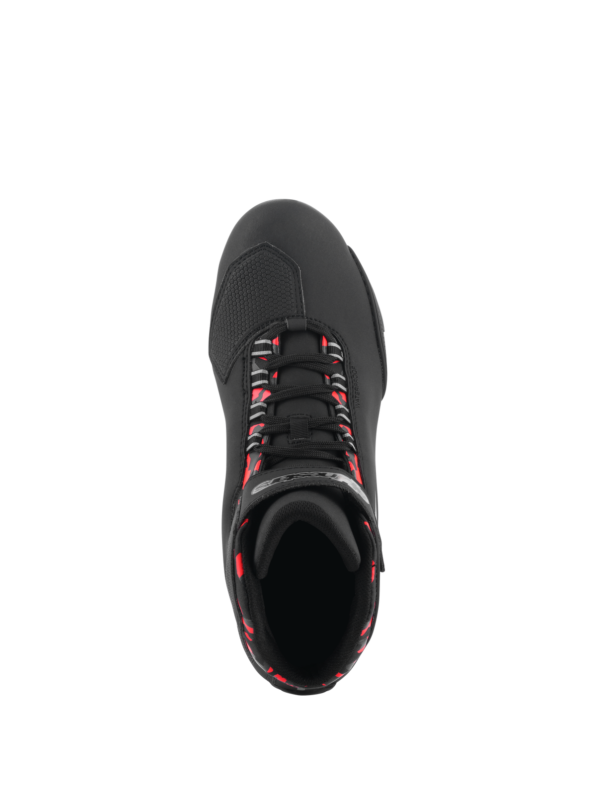 Alpinestars Sektor Waterproof Shoes, chaussures de moto, noir, gris foncé et rouge fluo, vue de dessus montrant des lacets noirs avec des accents rouge fluo, zone des orteils texturée pour le passage des vitesses et construction élégante en microfibre