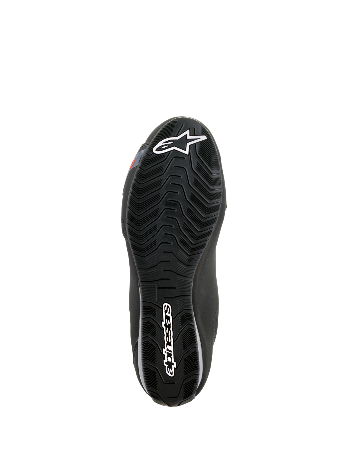Chaussures imperméables Alpinestars Sektor, vue de la semelle extérieure, caoutchouc noir avec sculptures en vagues pour l'évacuation de l'eau, logo Astars blanc et marquage Alpinestars, conçue pour l'adhérence et le soutien des repose-pieds de moto