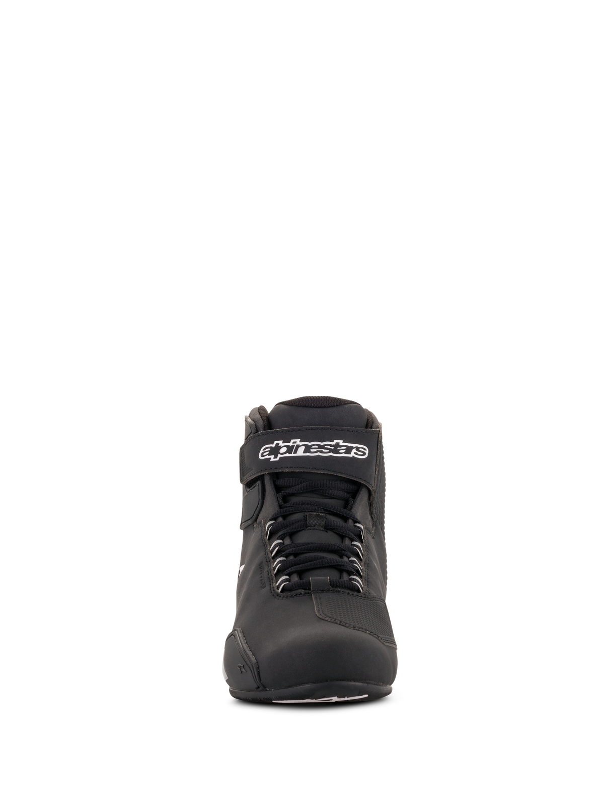 Chaussures étanches Alpinestars Stella Sektor pour femme, noir et argent, vue de face, chaussure de moto basse avec système de laçage rapide, sangle Velcro à la cheville avec logo blanc, construction en microfibre durable