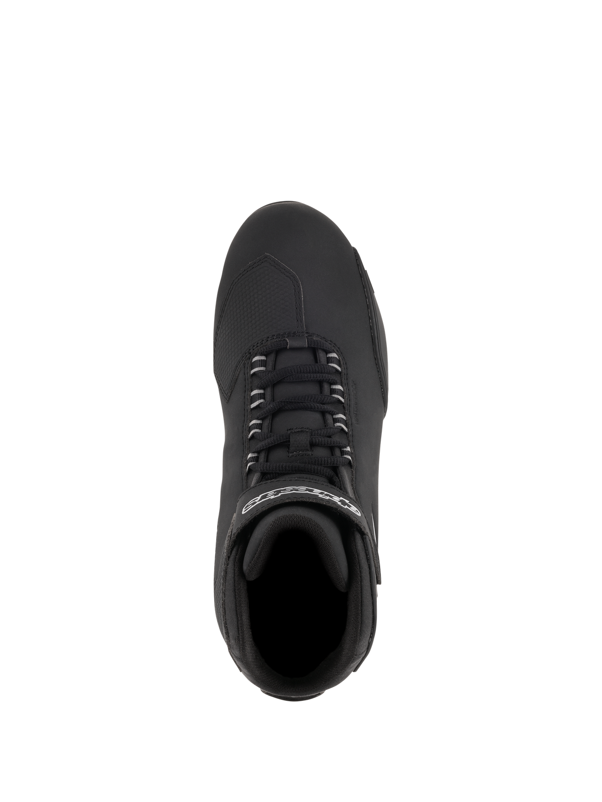 Chaussures étanches Alpinestars Stella Sektor, chaussures de moto pour femme, noir et argent, vue de dessus montrant le système de laçage rapide et la sangle logotypée, tige en microfibre avec renfort de sélecteur texturé pour la conduite sur route