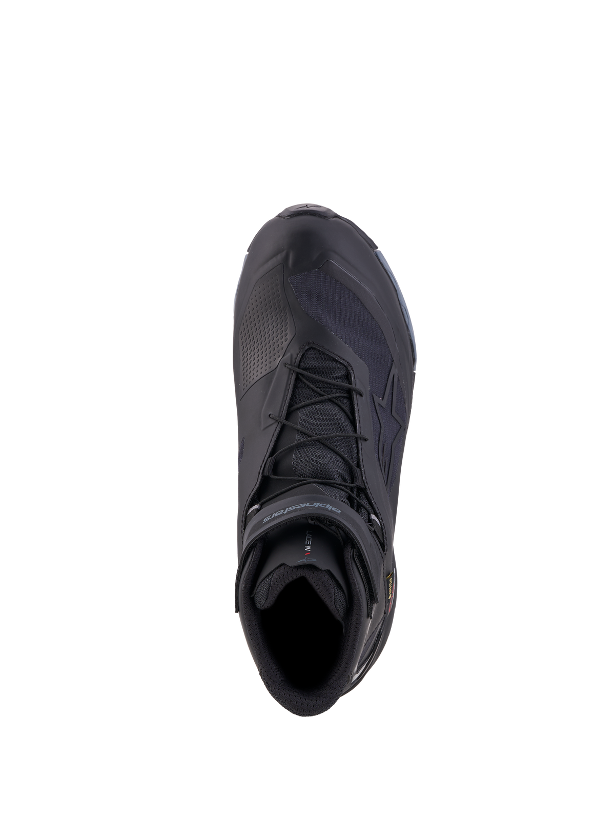 Alpinestars CR-X GORE-TEX, chaussures de moto imperméables, noires et gris foncé, vue de dessus montrant le système de laçage et la construction de protection