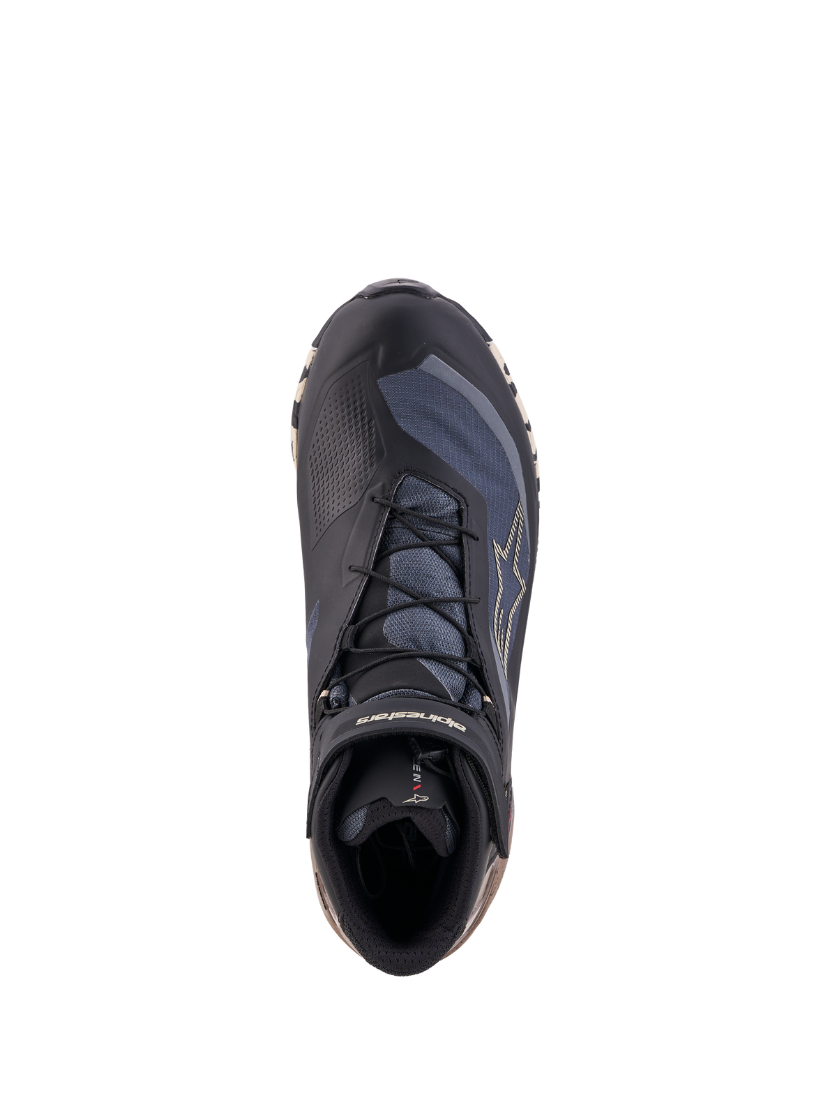 Alpinestars Cr X Gore Tex Chaussures, chaussures de moto, vue de dessus montrant la construction synthétique multi-matériaux noire, gris foncé et beige avec imperméabilité GORE-TEX et système de laçage rapide
