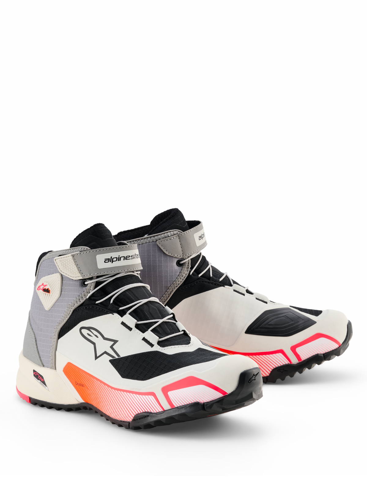 Chaussures de moto Alpinestars CR-X Drystar® pour femme, blanc, gris moyen, noir et rose Diva, silhouette athlétique épurée avec accents en dégradé rose éclatant, sangles velcro à la cheville et logo Astar sur le côté, chaussures de protection imperméables pour la route
