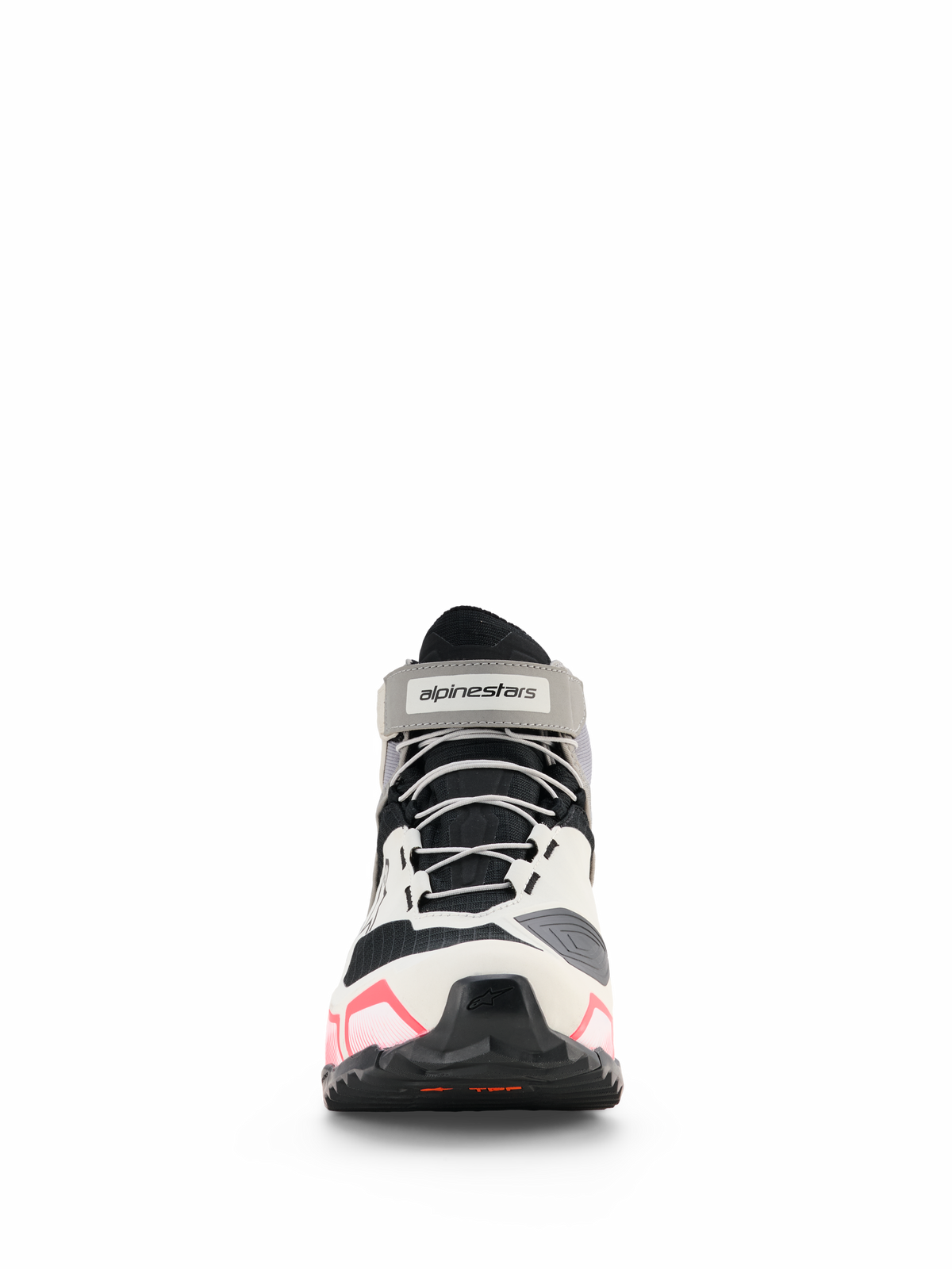 Chaussures de moto pour femme Alpinestars CR-X Drystar®, chaussures de moto pour femme, blanc, gris moyen, noir et rose Diva, vue de face avec lacets gris et sangle de cheville avec logo, design de style athlétique avec accents roses sur la semelle, chaussures de moto imperméables
