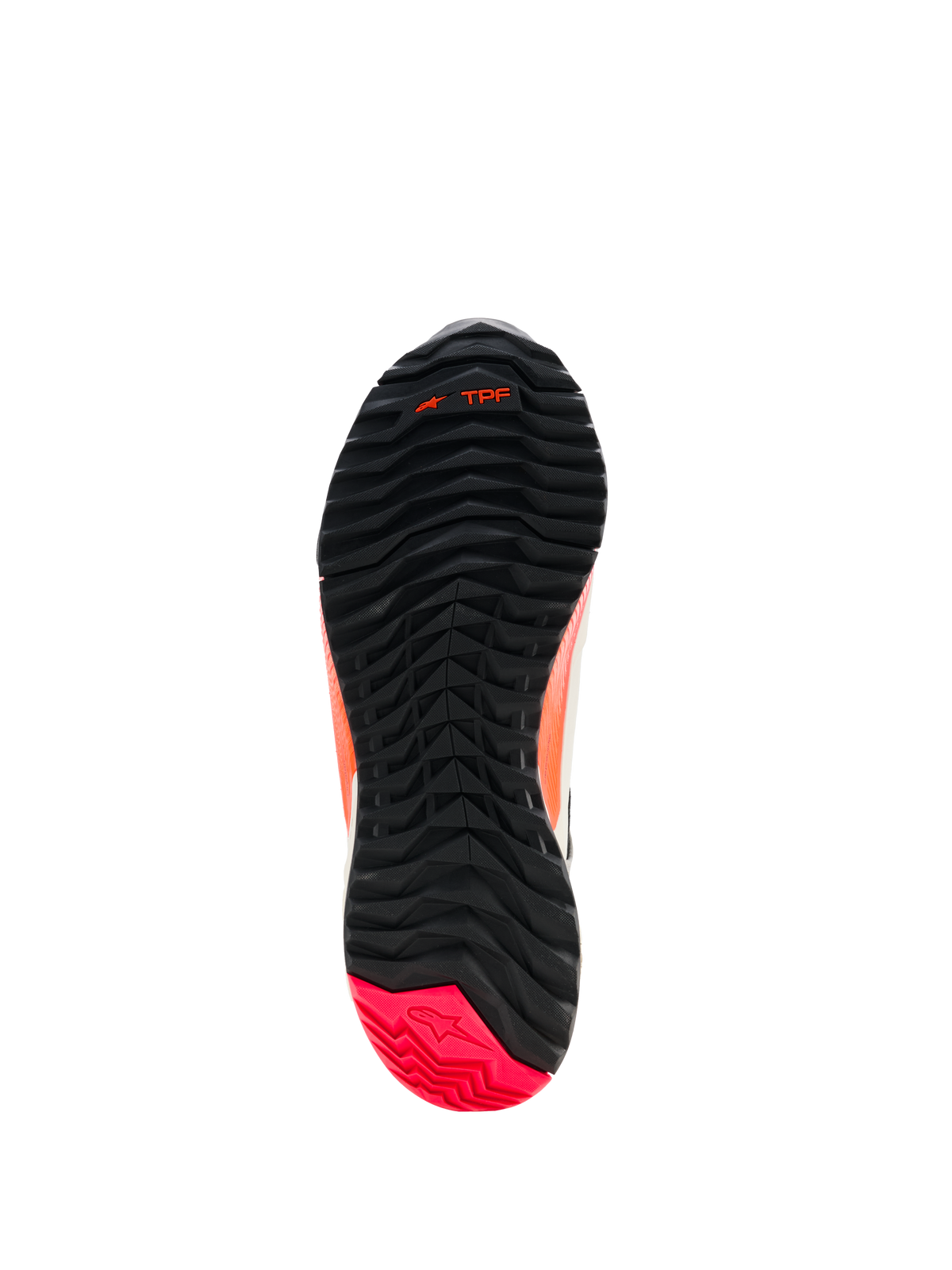 Alpinestars CR-X Drystar® pour femme, chaussures de moto, vue de la semelle extérieure, noir avec talon Diva Pink, motif de crampons robuste doté d'une configuration asymétrique, rainures de flexion à l'avant-pied et marquage TPF