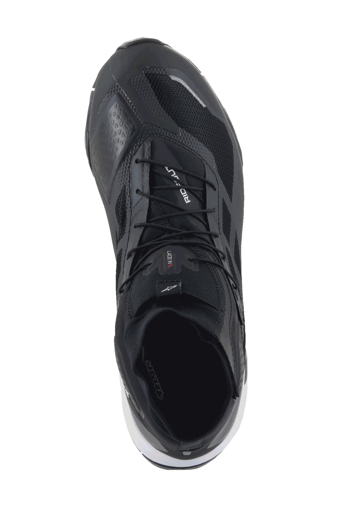 Alpinestars CR-1 Shoes, Motorcycle Riding Shoes, Black and White, top-down view showing breathable 3D mesh panels, microfiber construction, and secure lacing system, designed for warm weather touring and sport riding