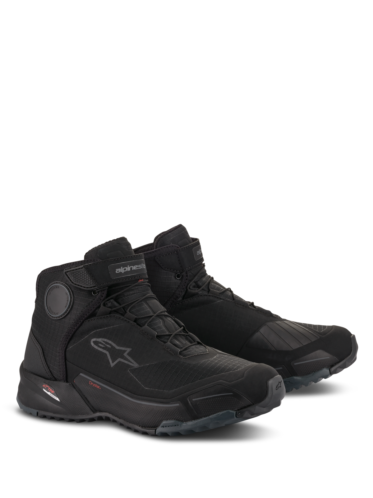 Chaussures de moto Alpinestars CR-X Drystar®, imperméables, noir intégral, design athlétique inspiré des chaussures de course, avec disques de cheville internes, renfort de sélecteur et semelle extérieure en caoutchouc robuste pour la conduite urbaine et le confort de marche.