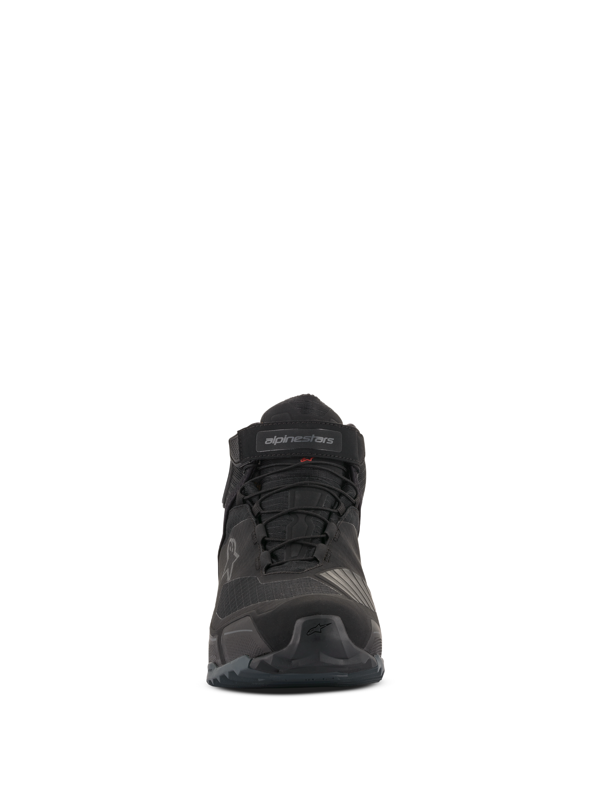 Chaussures de moto Alpinestars CR-X Drystar®, vue de face, noir intégral, chaussures de moto imperméables avec lacets et sangle velcro à la cheville, design inspiré des chaussures de running