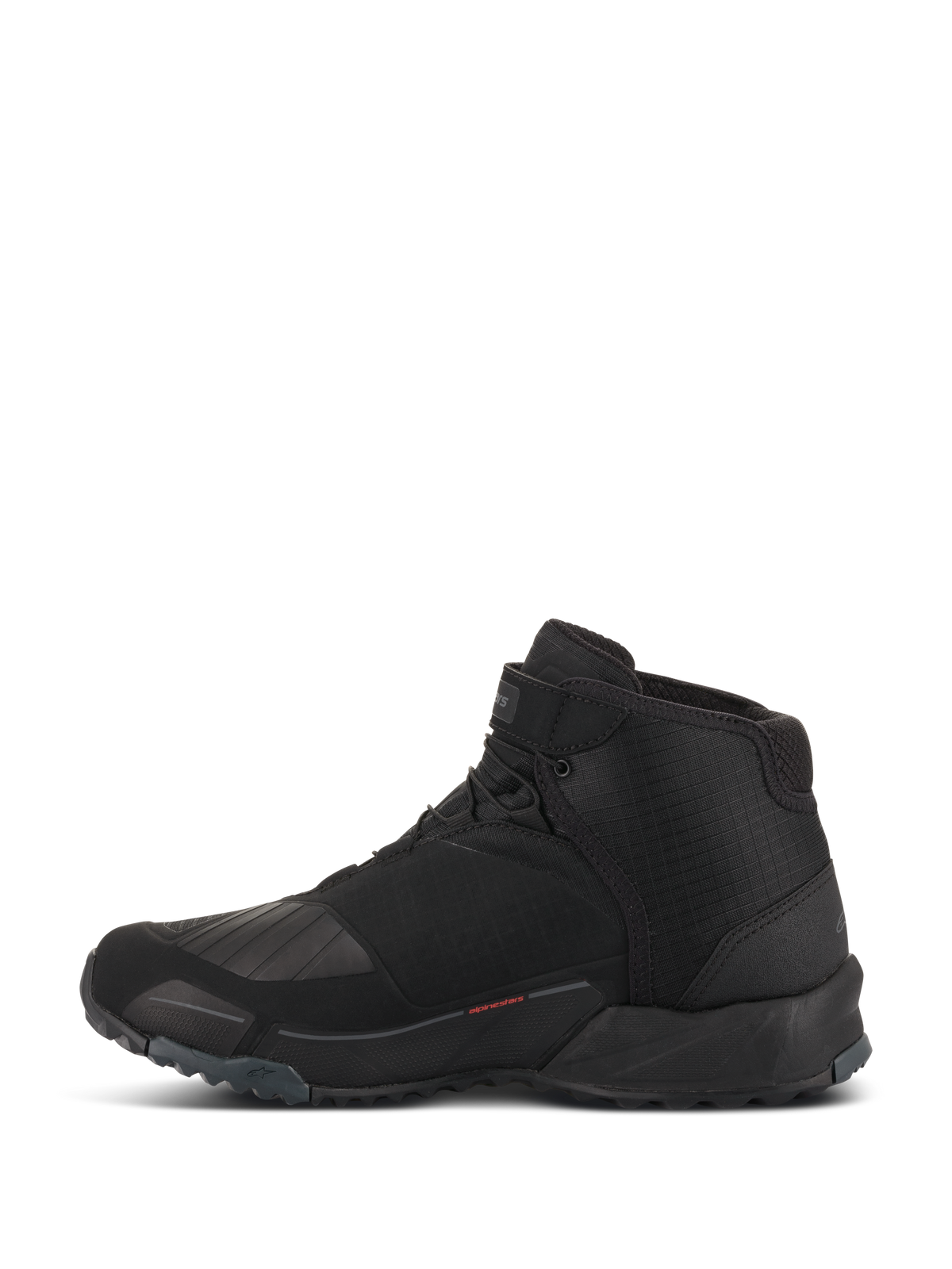 Chaussures de moto Alpinestars CR-X Drystar, chaussures de moto, noires, vue de profil, design montant avec une silhouette de chaussure de running, dotées d'une zone de changement de vitesse renforcée en TPU, d'une semelle extérieure à crampons pour l'adhérence et d'une construction imperméable pour la conduite urbaine et routière.