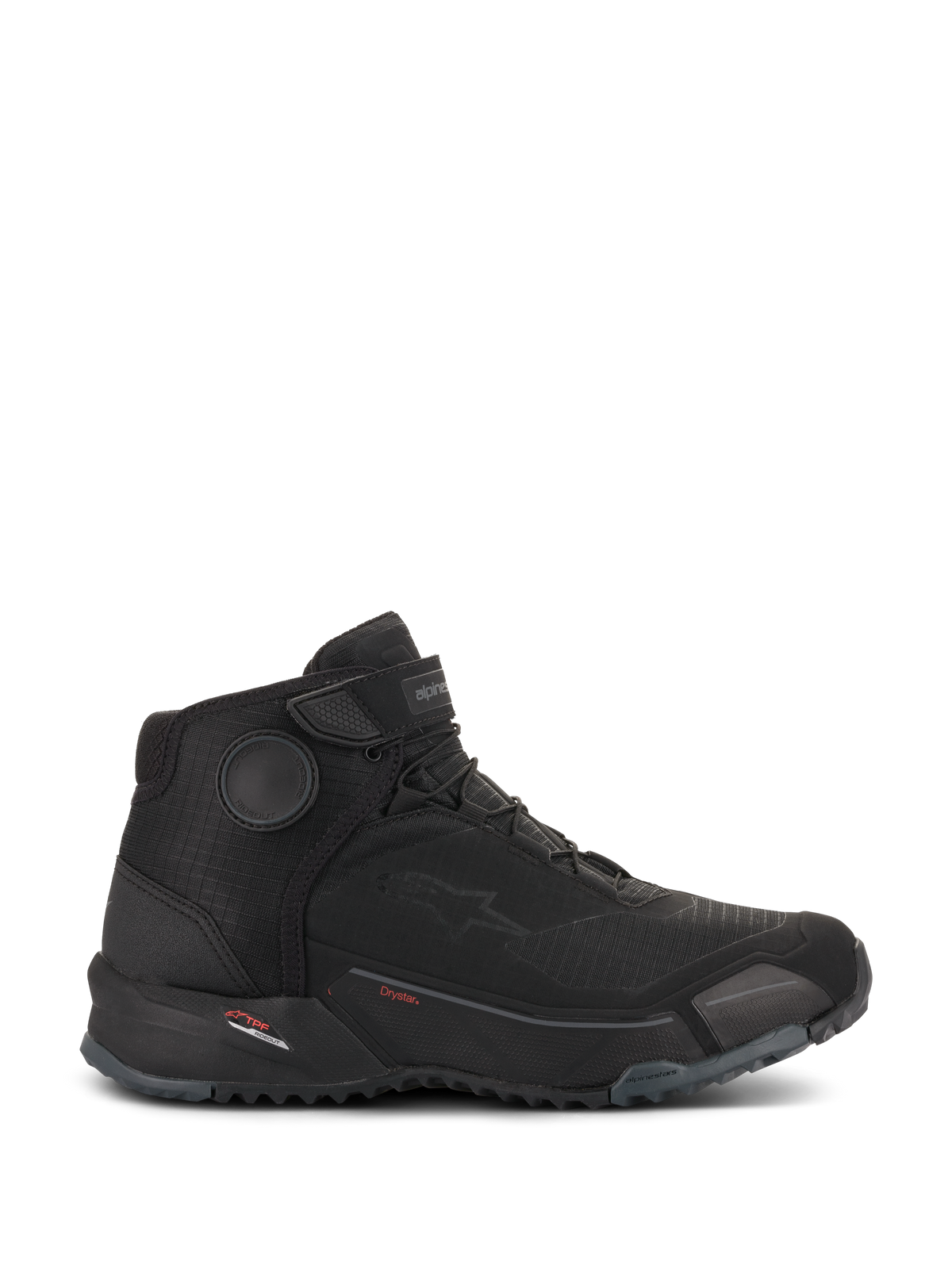 Chaussures de moto Alpinestars CR-X Drystar, chaussures de moto noires, vue de profil, chaussure de conduite urbaine imperméable, fermeture à lacets avec sangle supérieure, semelle épaisse en caoutchouc texturé, design sportif avec logo Alpinestars