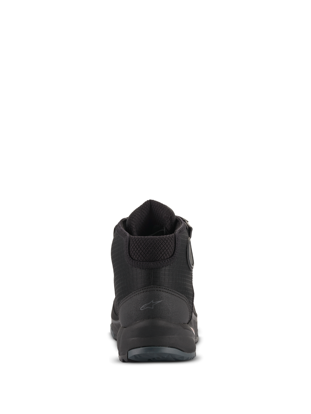 Chaussures de moto Alpinestars CR-X Drystar®, vue arrière, noir, avec un logo Astars discret sur le talon, col de cheville rembourré et contrefort de talon texturé, chaussures de moto imperméables pour un usage routier et urbain